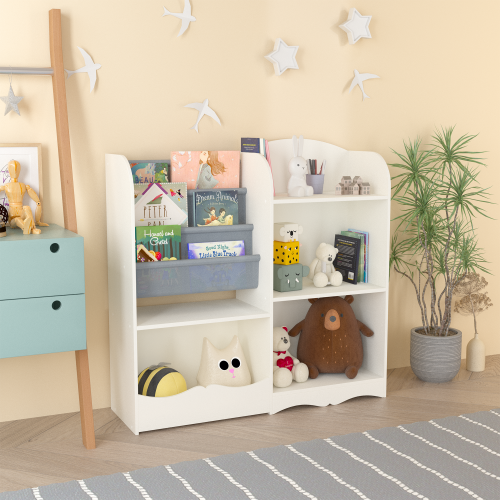 Kids Bookshelf and Toy Storage Organizer, Multifunctional 4 Tier Wooden Kids Book Shelf with Bookcase Display Stand in Kids Room Playroom Nursery for Kids, Children, Toddlers (White)、、casual