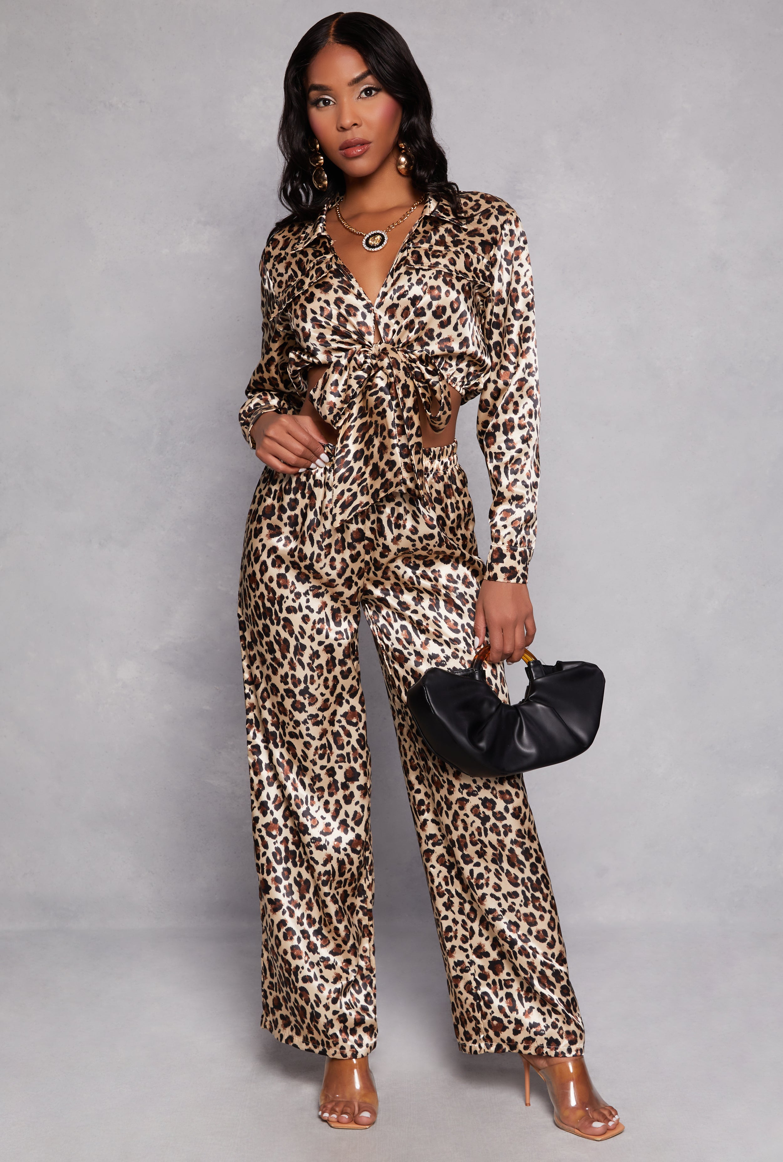 Satin Leopard Print Tie Front Top and Wide Leg Pants、mySite、camillekostekn