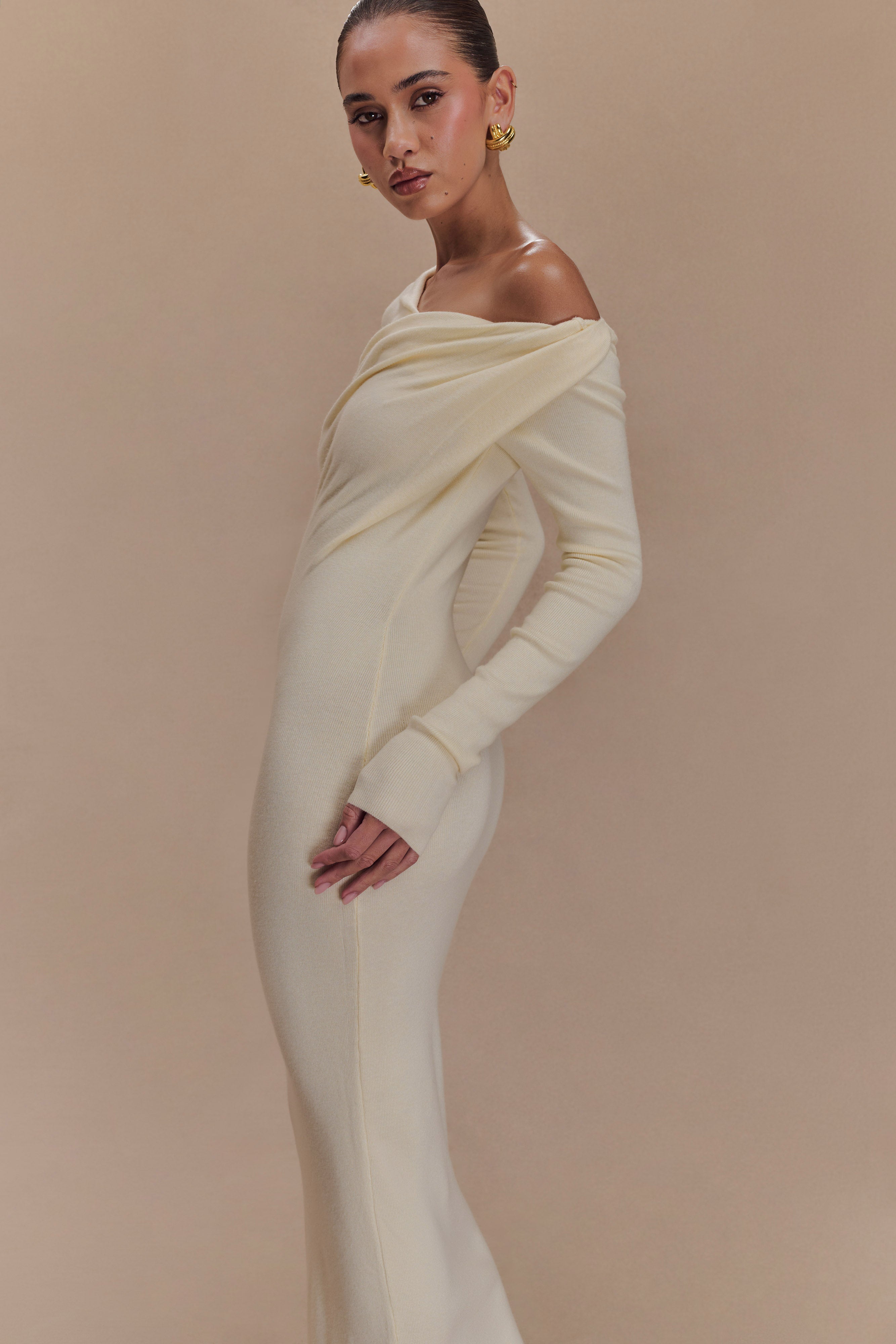Culver Draped Twist Knit Midi Dress - Cream、mySite、solidvoid