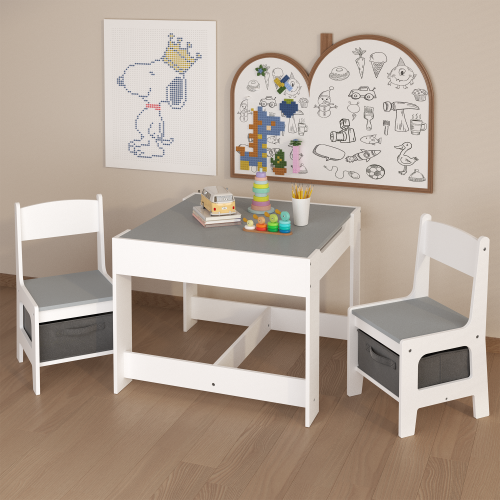 Kids Table and Chair Set, 3 in 1 Wooden Activity Table with Storage Drawer for Toddlers Drawing, Reading, Crafts, 2 in 1 Detachable Tabletop Table Set for Nursery, Playroom、、casual