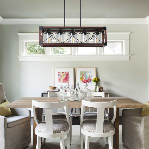 (Same as W1340P155968/L1011-RW) 32" Red Wood Industrial Farmhouse Rectangle Pendant Light, 5-Light Chandelier for Dining Room, Kitchen Island, Cafe Decor (No Bulbs)、、eastwooduniform