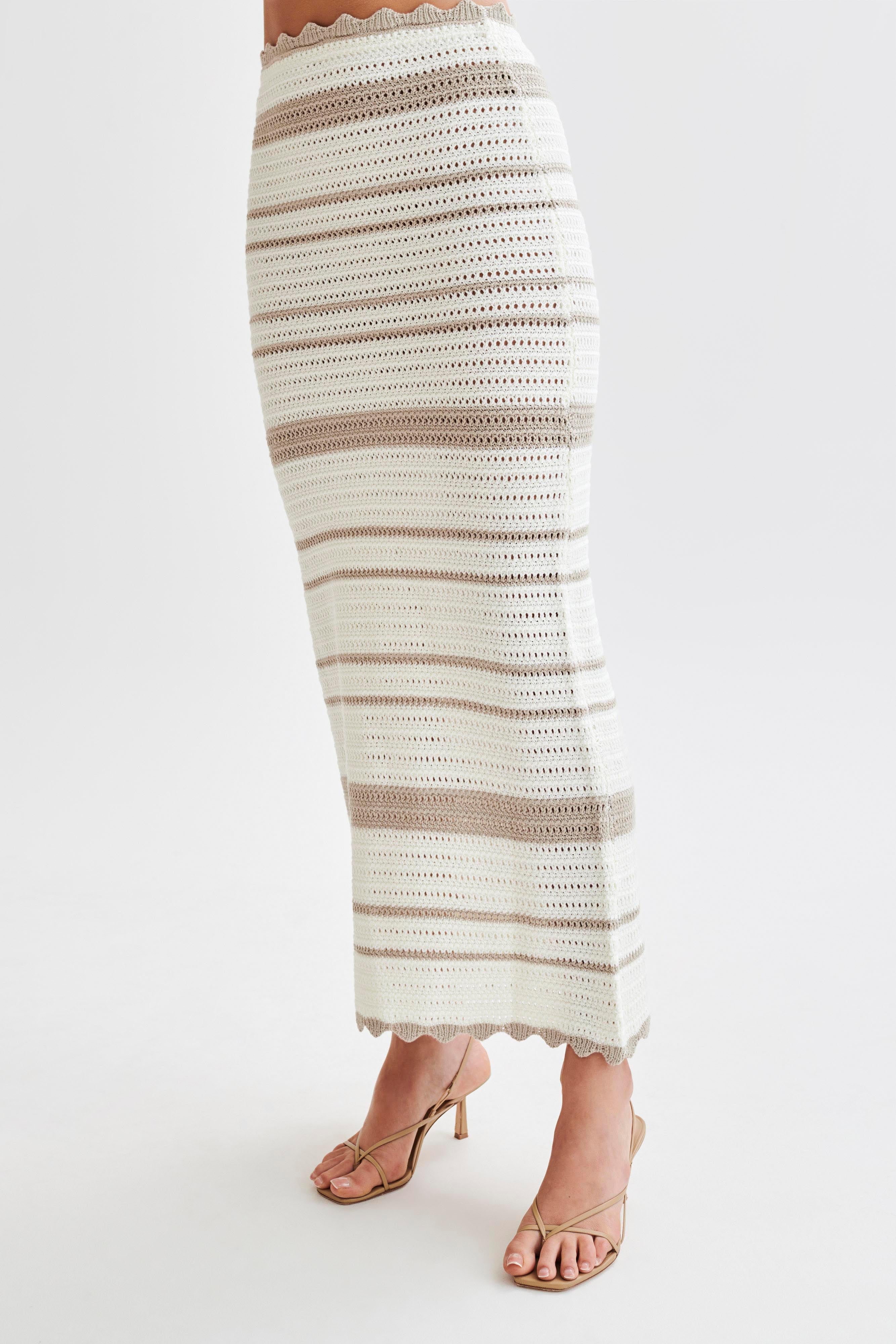 Jadia Contrast Crochet Fishtail Maxi Skirt - Taupe/White、mySite、solidvoid