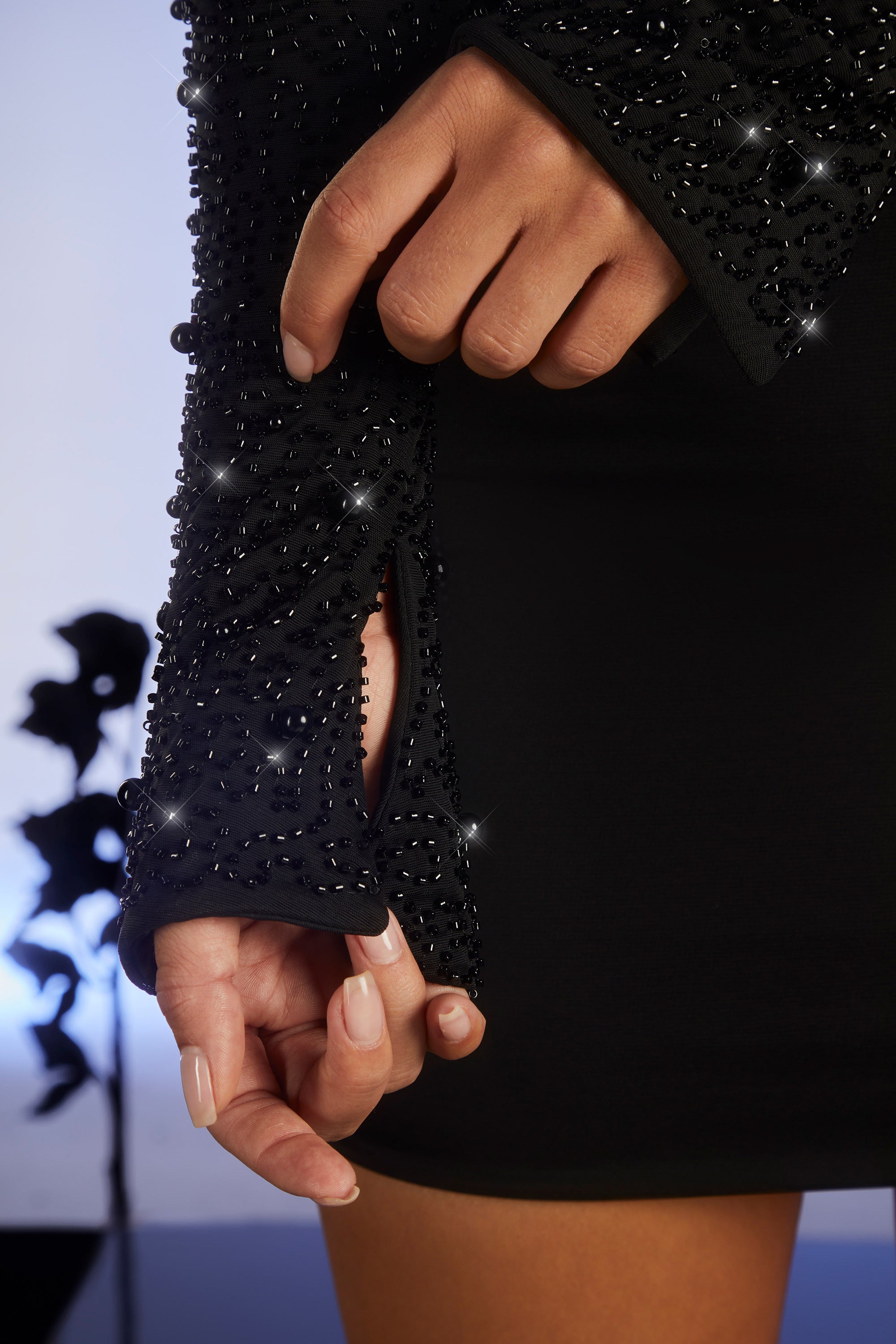 Embellished Long Sleeve Cut Out Mini Dress in Black、mySite、solidvoid