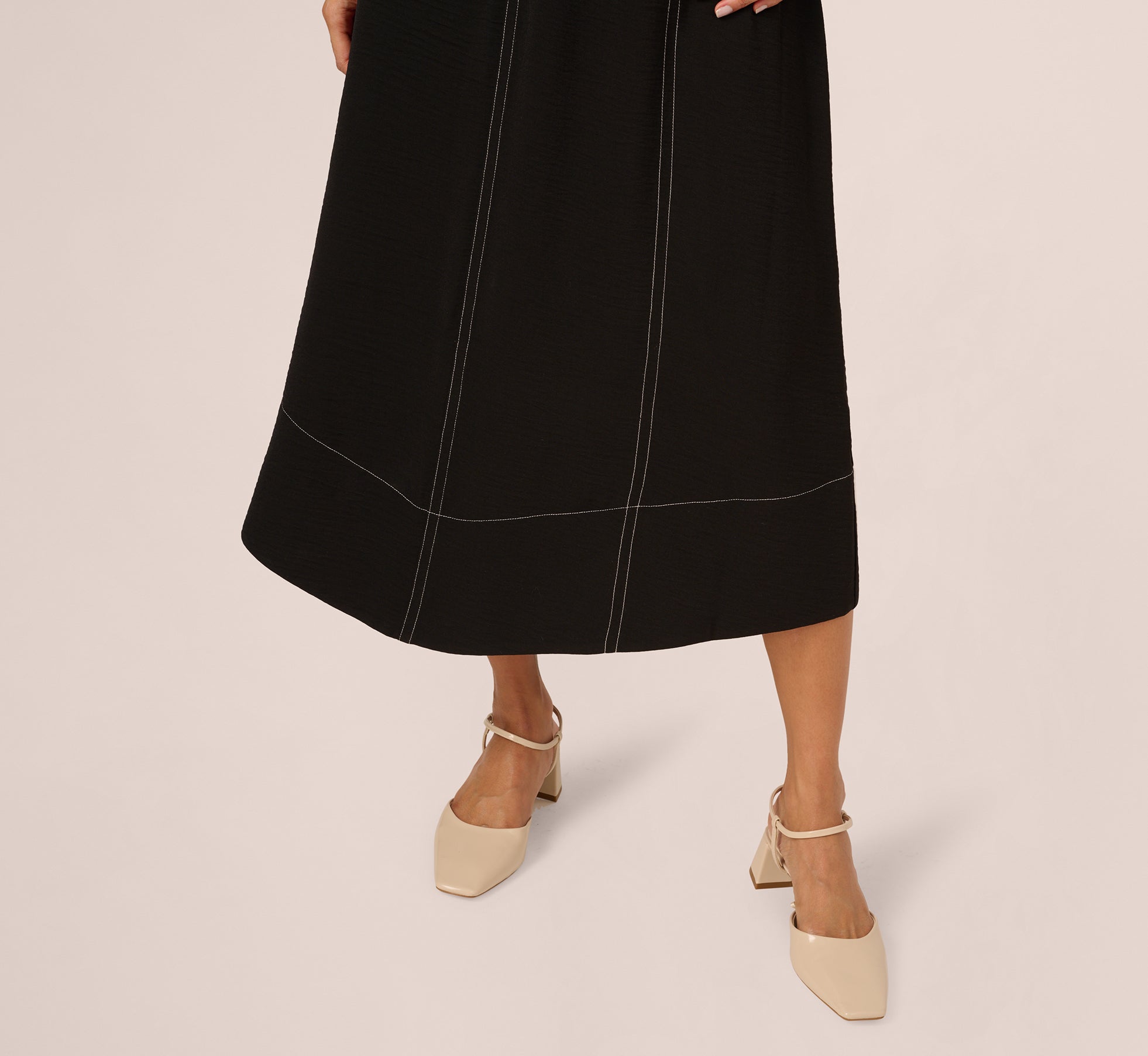 Contrast Stitching A Line Midi Skirt In Black Ivory、mySite、solidvoid