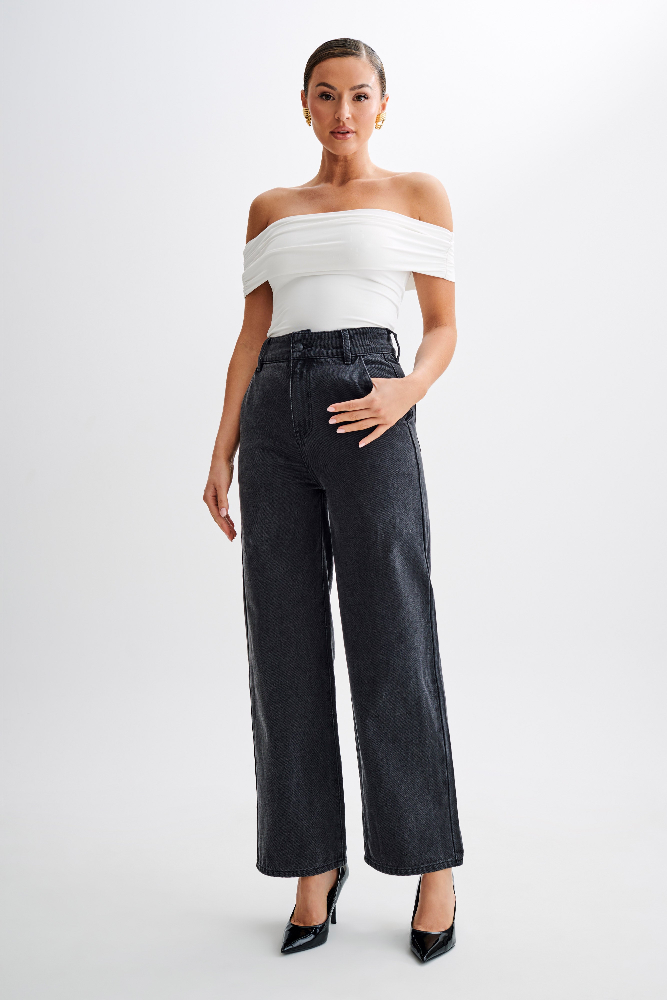 Meena Recycled Nylon Off Shoulder Top - White、mySite、solidvoid