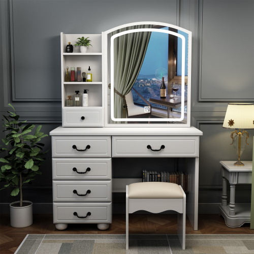 Fashion Vanity Desk with Mirror and Lights for Makeup, Vanity Mirror with Lights and Table Set with 3 Color Lighting Brightness Adjustable, 6 Drawers, White Color、、casual