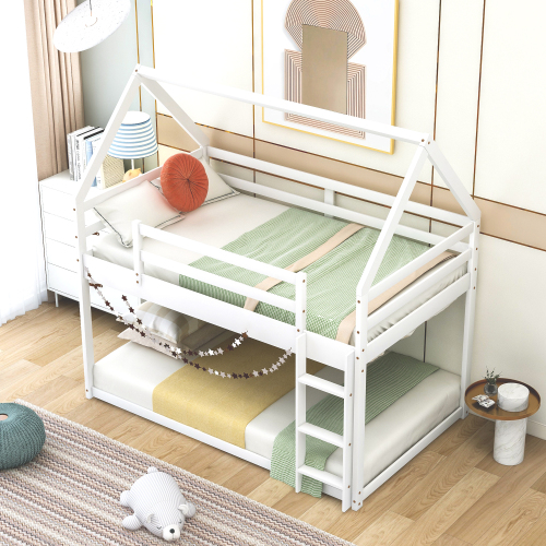 Twin Size Bunk House Bed with Slide and Ladder,White、、casual