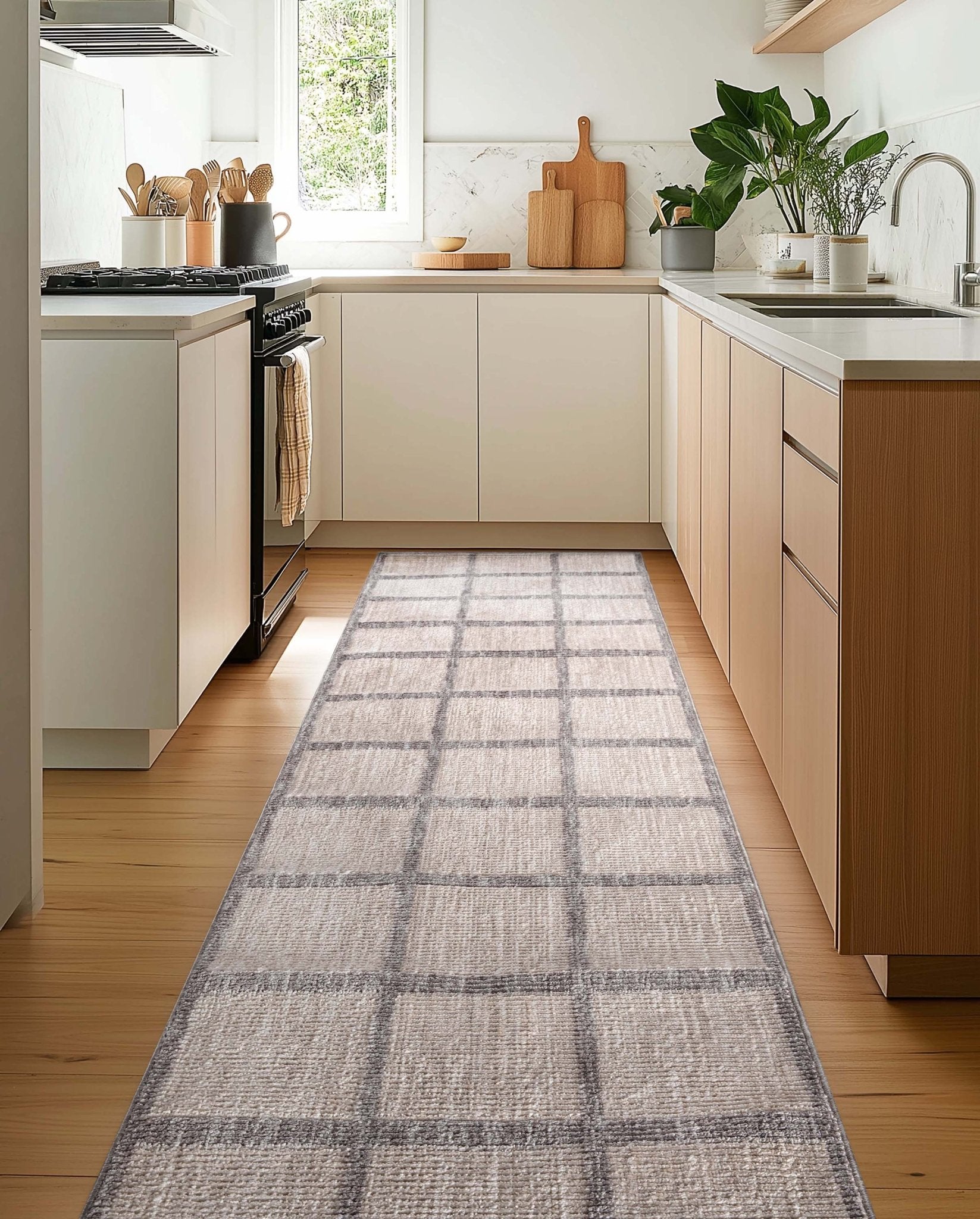 Custom Size Runner Hav Geometric Plaid Ivory Choose Your Width x Choose Your Length - Perfect For Hallway, Stairs & Kitchen、mySite、gigharbornorthrealestate