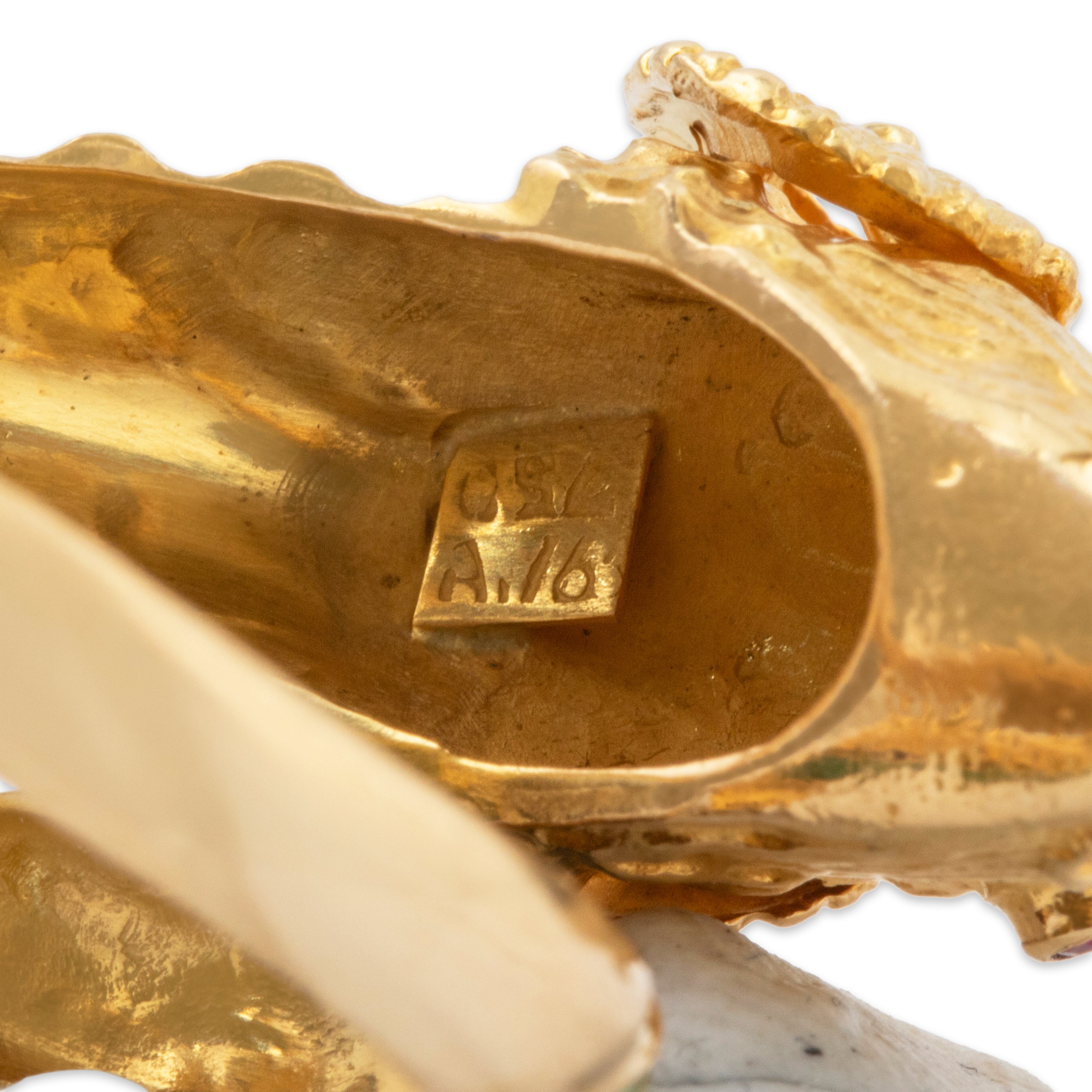 Vintage 18k Yellow Gold Pink Sapphire Green & Orange Enamel Ram Ring、mySite、hinf8tx79