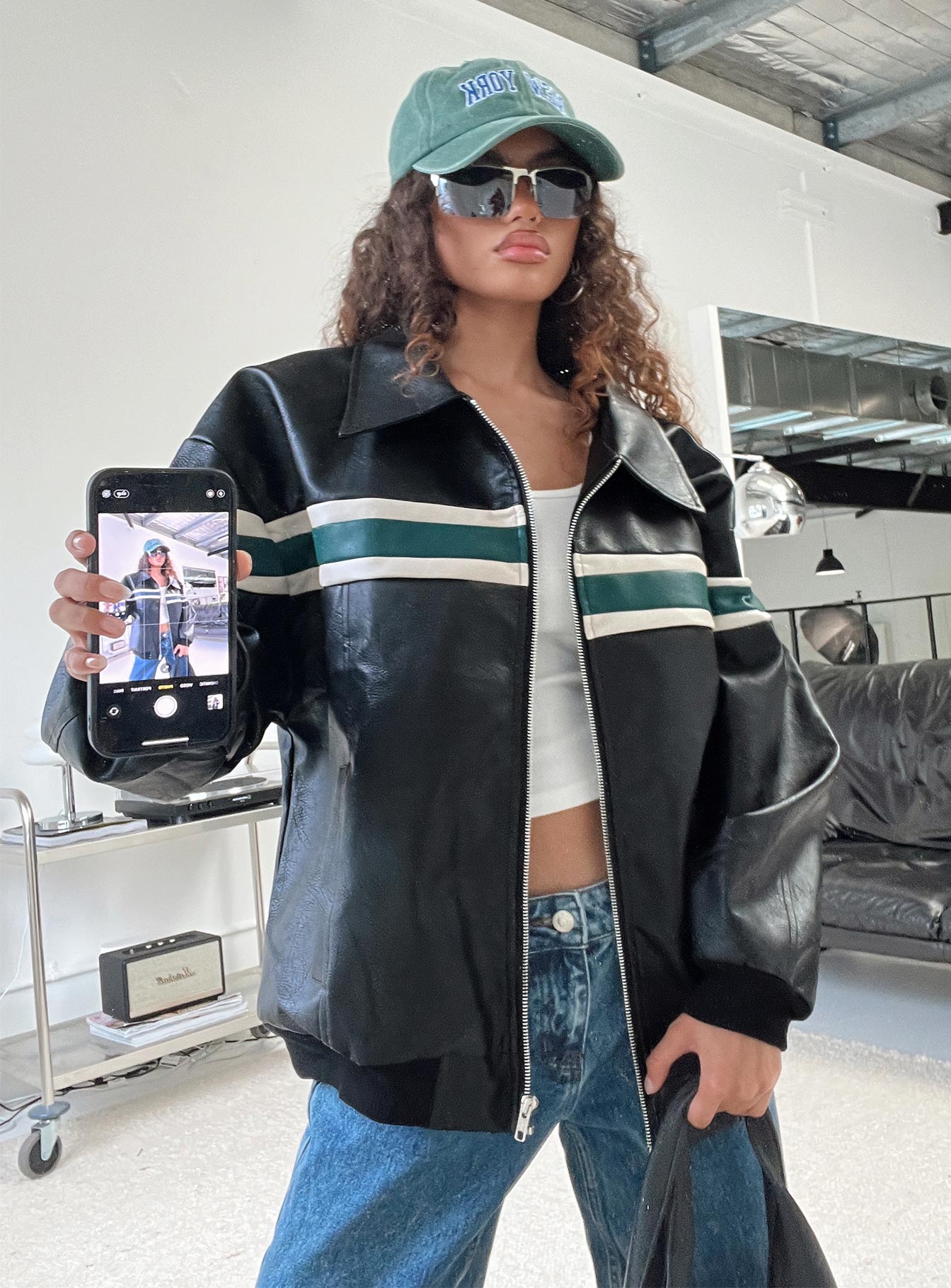 Goldsmith Faux Leather Bomber Jacket Black / Green、mySite、solidvoid