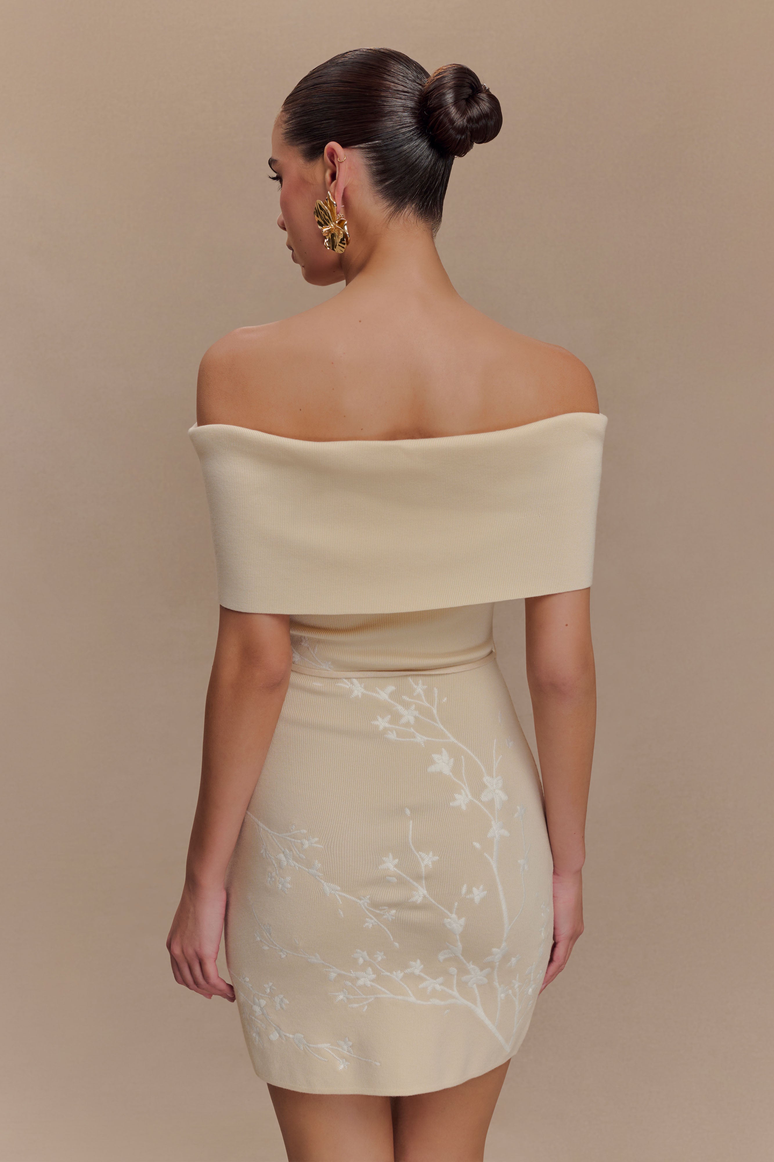Mallory Off Shoulder Embroidered Knit Mini Dress - Cream And Ivory、mySite、solidvoid