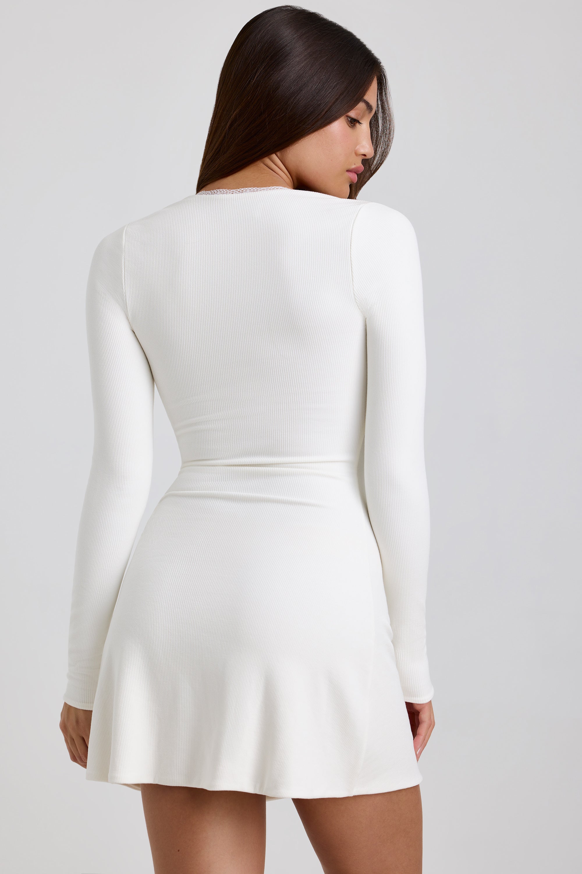 Ribbed Modal Lace-Trim Mini Dress in White、mySite、solidvoid