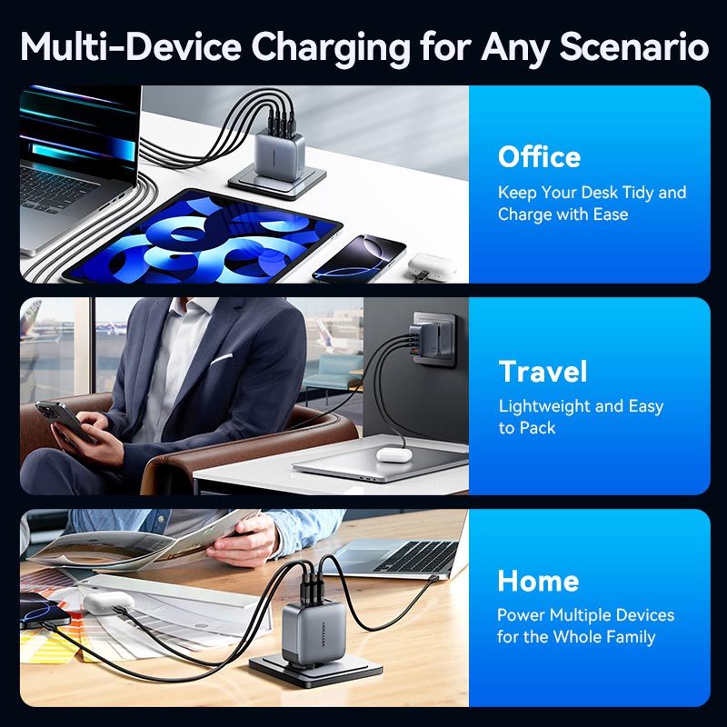 Vention 4-Port USB (C + C + C + A) GaN Charger (100W/100W/30W/30W) Gray with USB-C to USB-C Cable (1M) Black US-Plug、mySite、fannypackpong