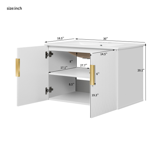 30" Vintage Bathroom Vanity with Ceramic Sink, with 3 Holes Single Ceramic Sink, Bathroom Storage Vanity Cabinet with 2 Soft Closing Doors、、xpatfood