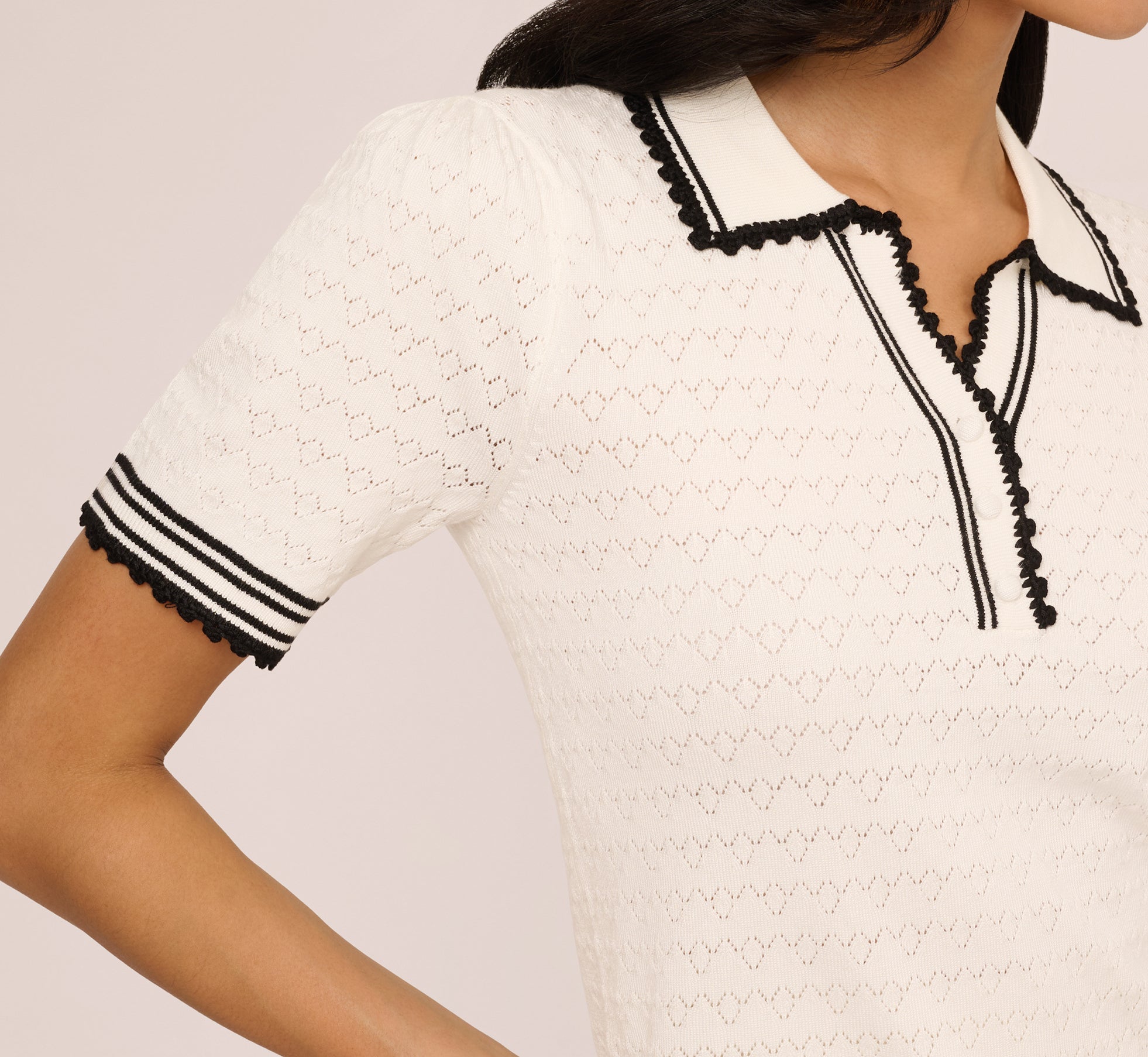 Short Sleeve Contrast Tipped Pointelle Polo Top In Ivory Black、mySite、solidvoid