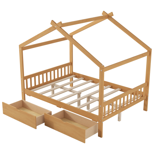 Twin Size House Platform Bed with Headboard and Footboard,Roof Design,Natural、、casual