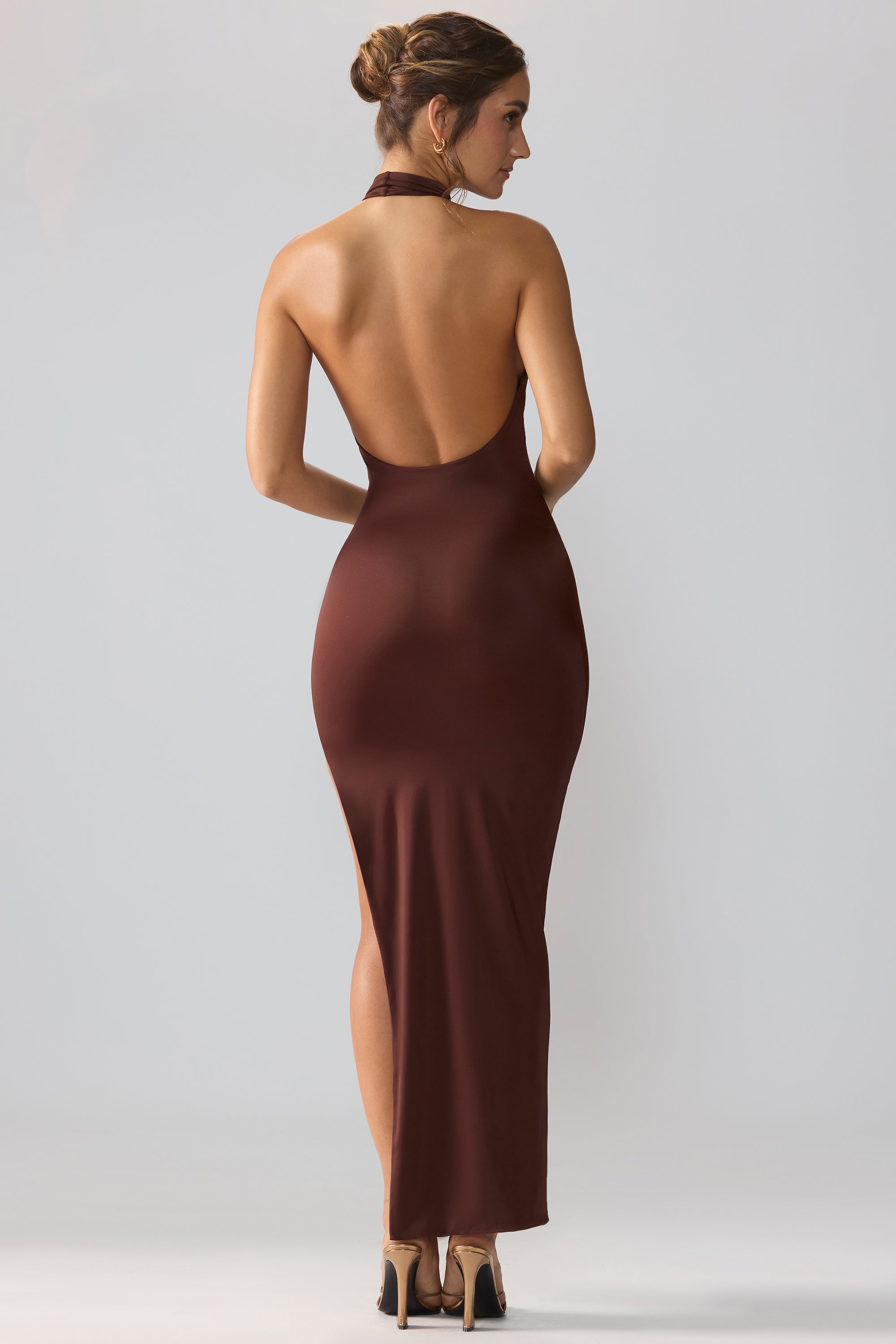 Premium Jersey Cowl Neck Backless Maxi Dress in Espresso、mySite、solidvoid