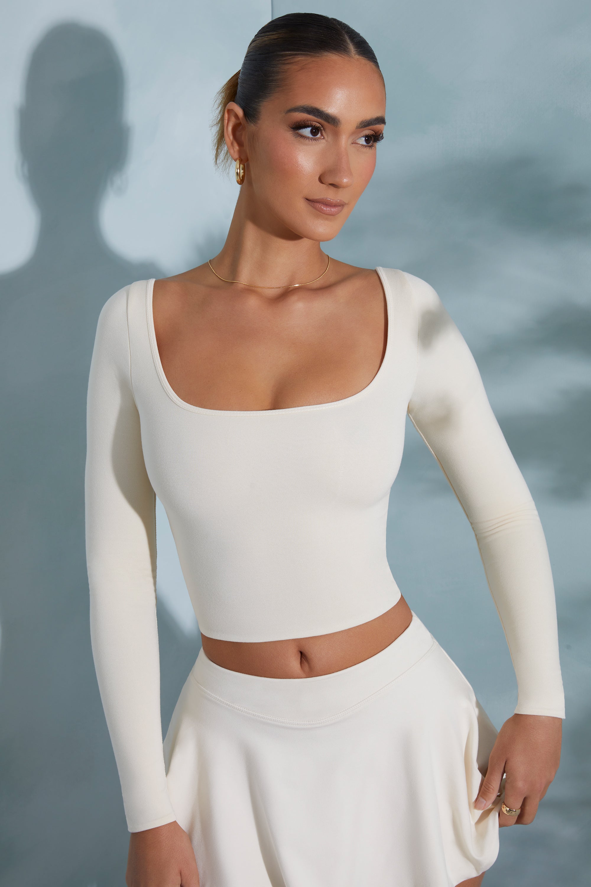 Rounded Square Neck Long Sleeve Top in Ivory、mySite、solidvoid