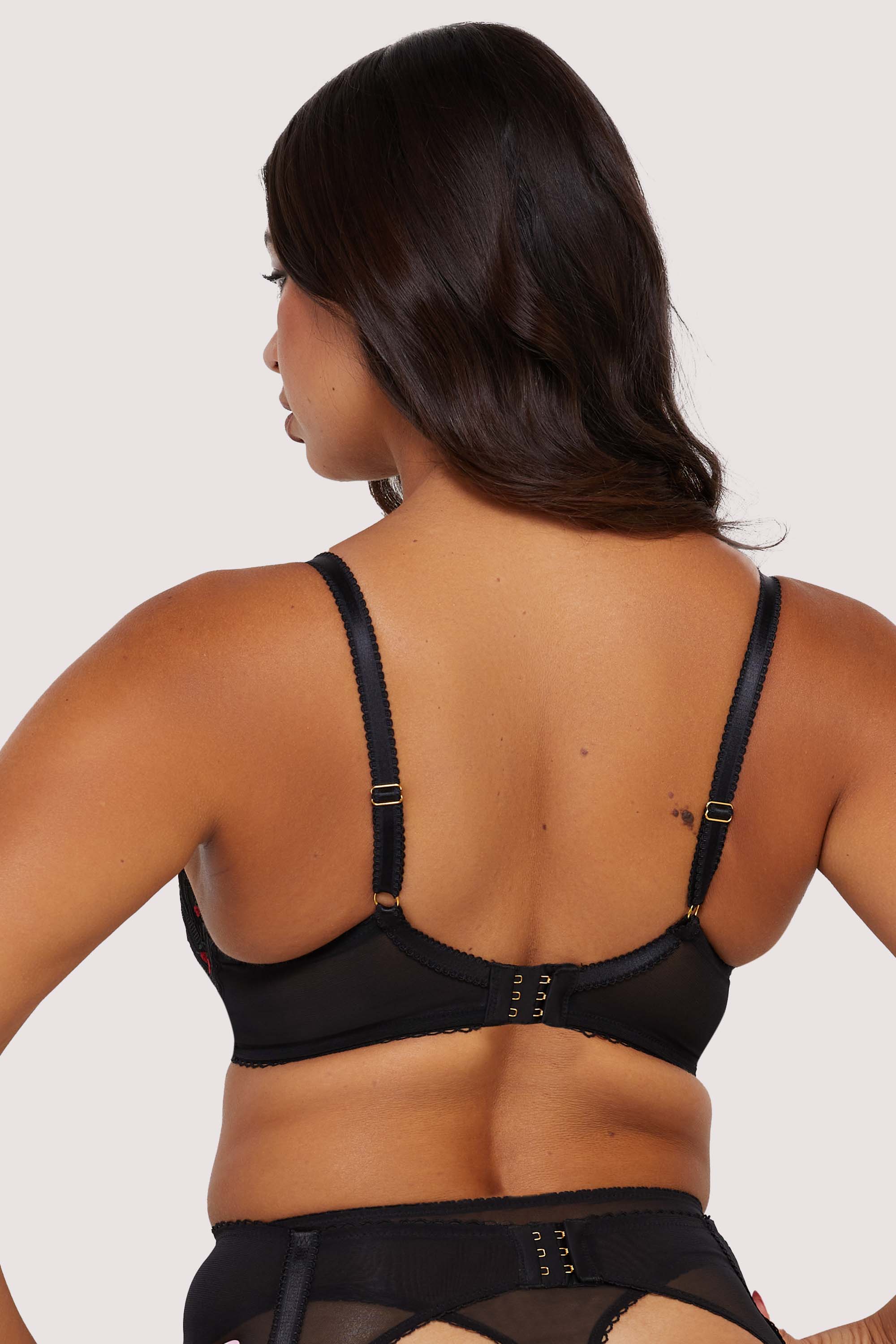 Elodie Black and Red Rosebud Embroidery Quarter Cup Bra、mySite、bengalsvssteelers