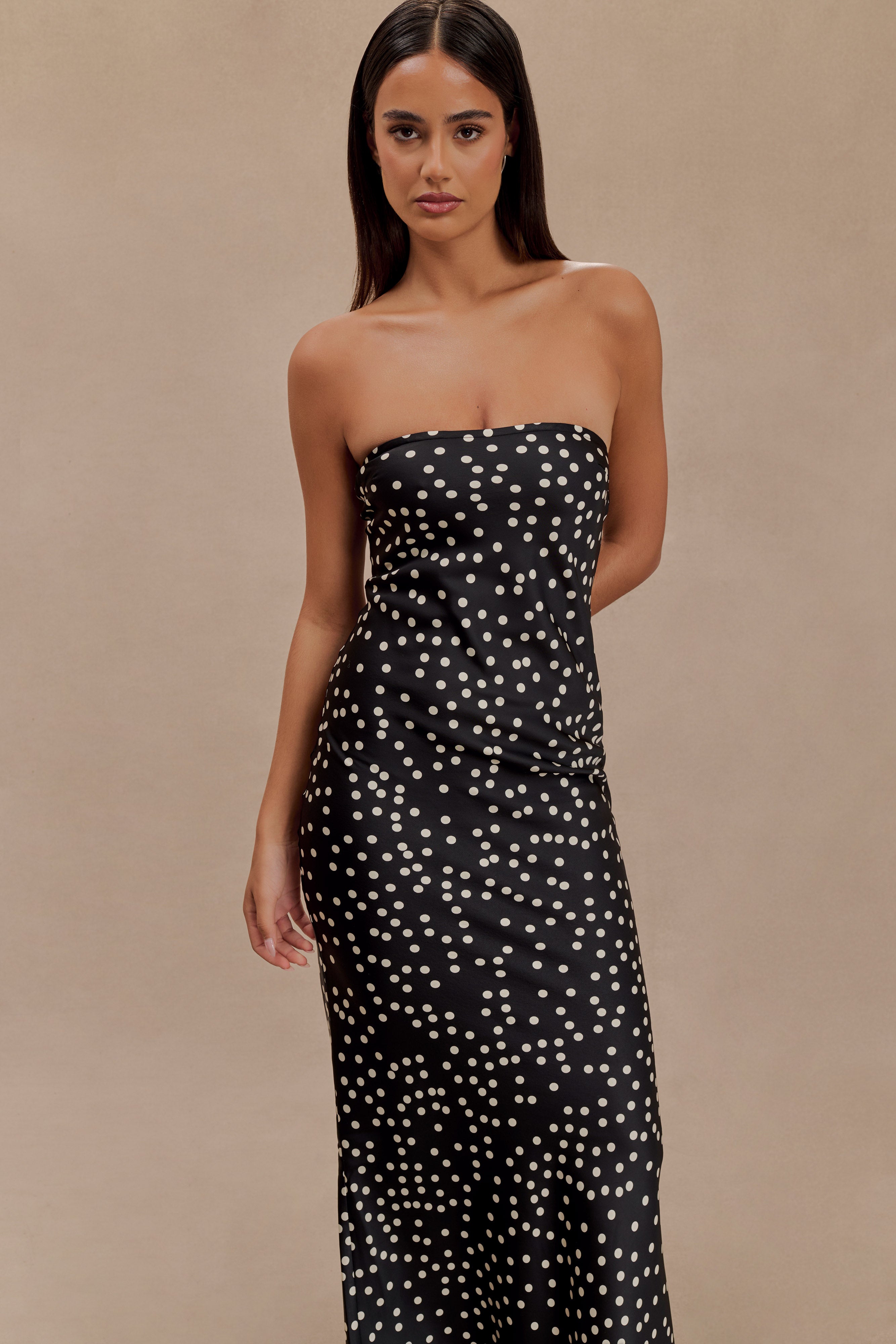 Claudette Strapless Satin Maxi Dress - Black Polka Dot Print、mySite、solidvoid