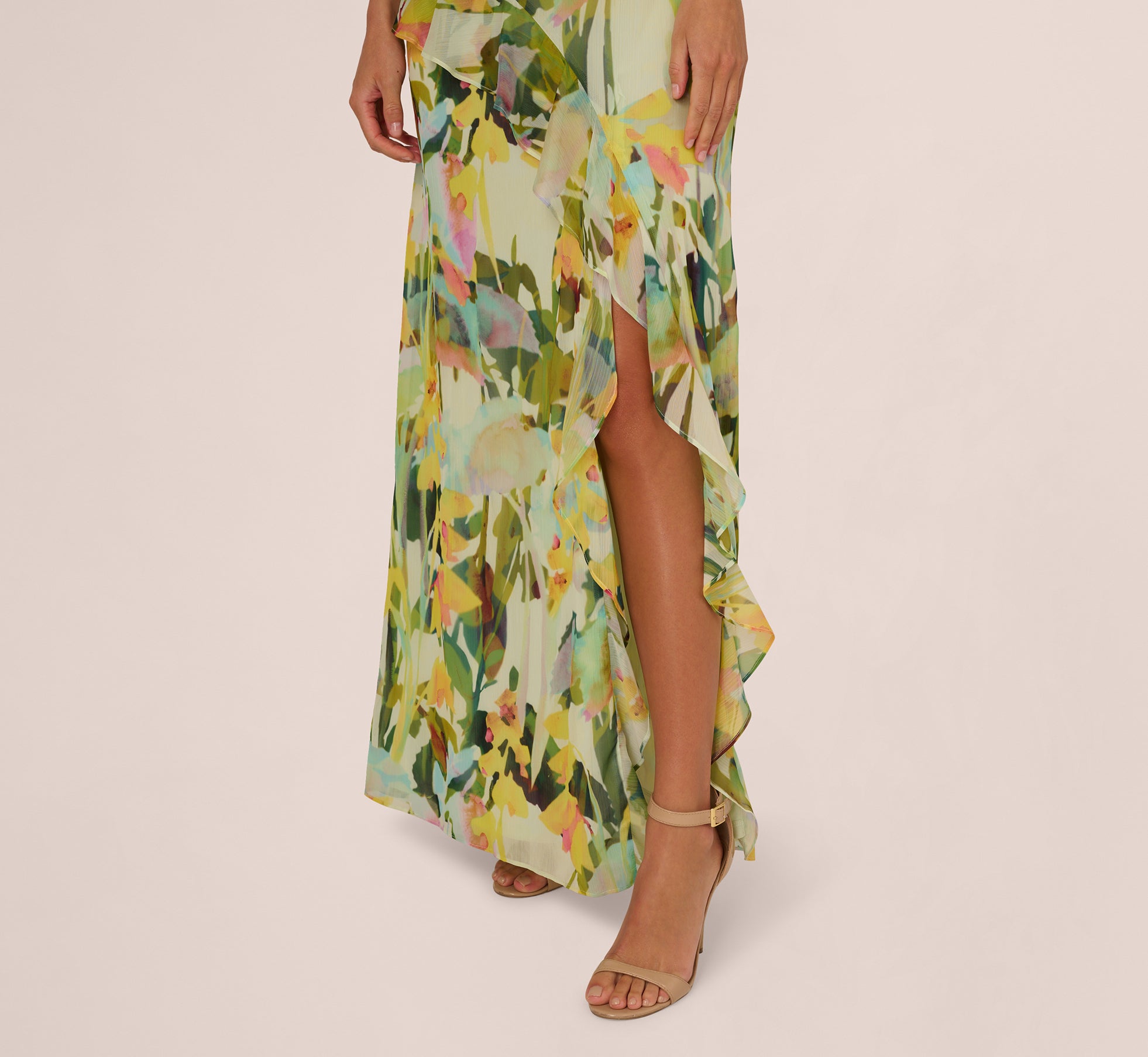 Sleeveless Floral Chiffon Ruffle Cascade Gown In Green Multi、mySite、solidvoid