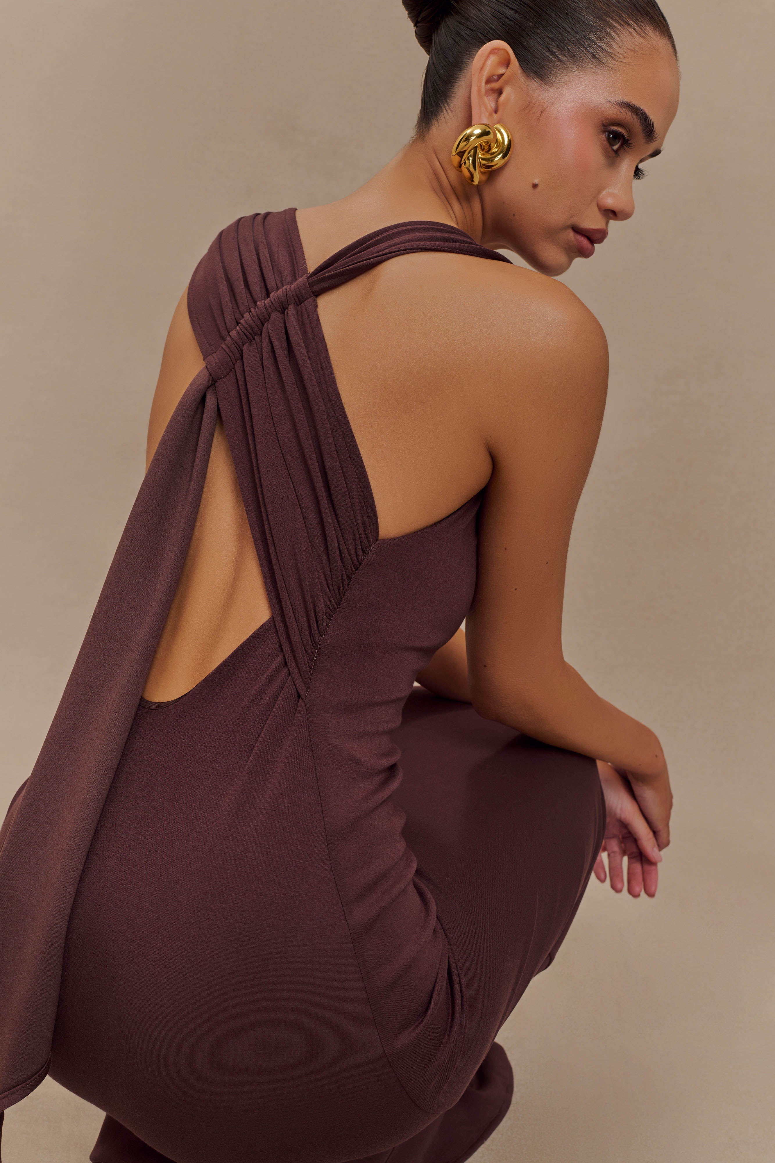 Catelyn Asymmetrical Scuba Jersey Midi Dress - Cacao Brown、mySite、solidvoid