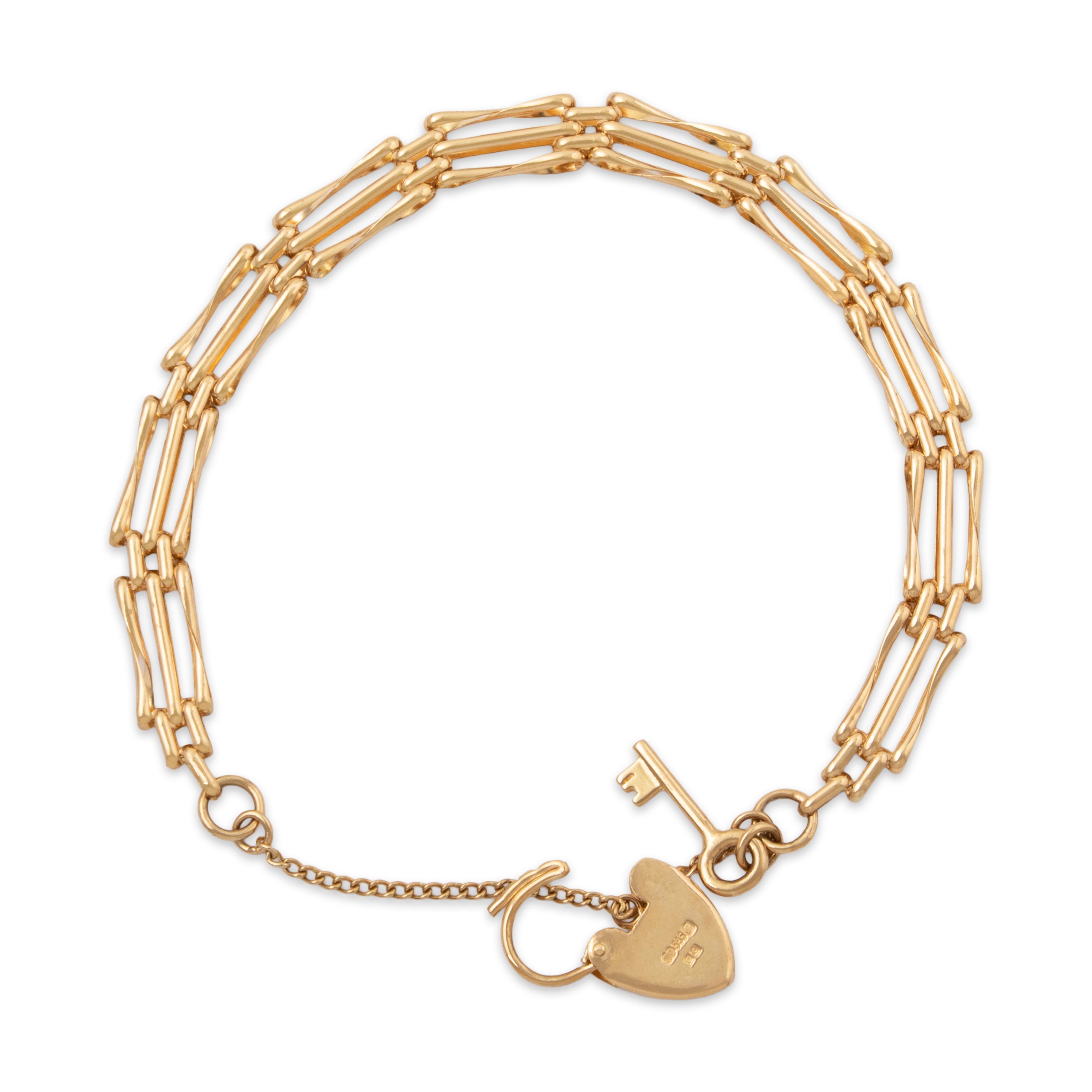 Vintage English 14k Yellow Gold Heart & Key Clasp Link Bracelet 7.25、mySite、hinf8tx79