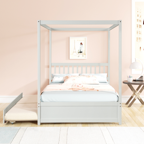 Full Size Canopy Bed with Twin Trundle, Kids Solid Wood Platform Bed Frame w/ Headboard, No Box Spring Needed Grey Color、、xpatfood
