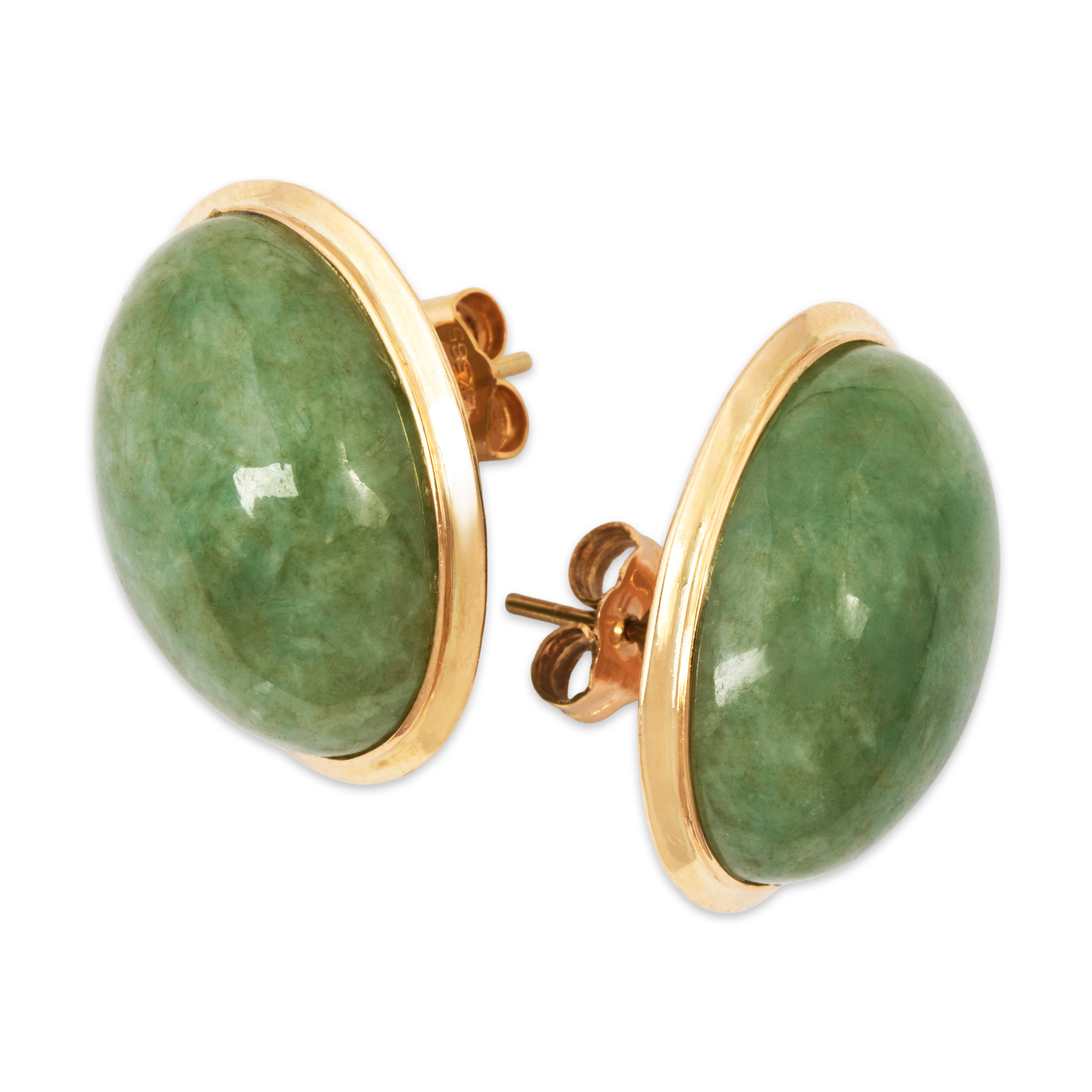 Vintage Oversized 14k Yellow Gold 23cttw Jade Cabochon Stud Earrings、mySite、hinf8tx79