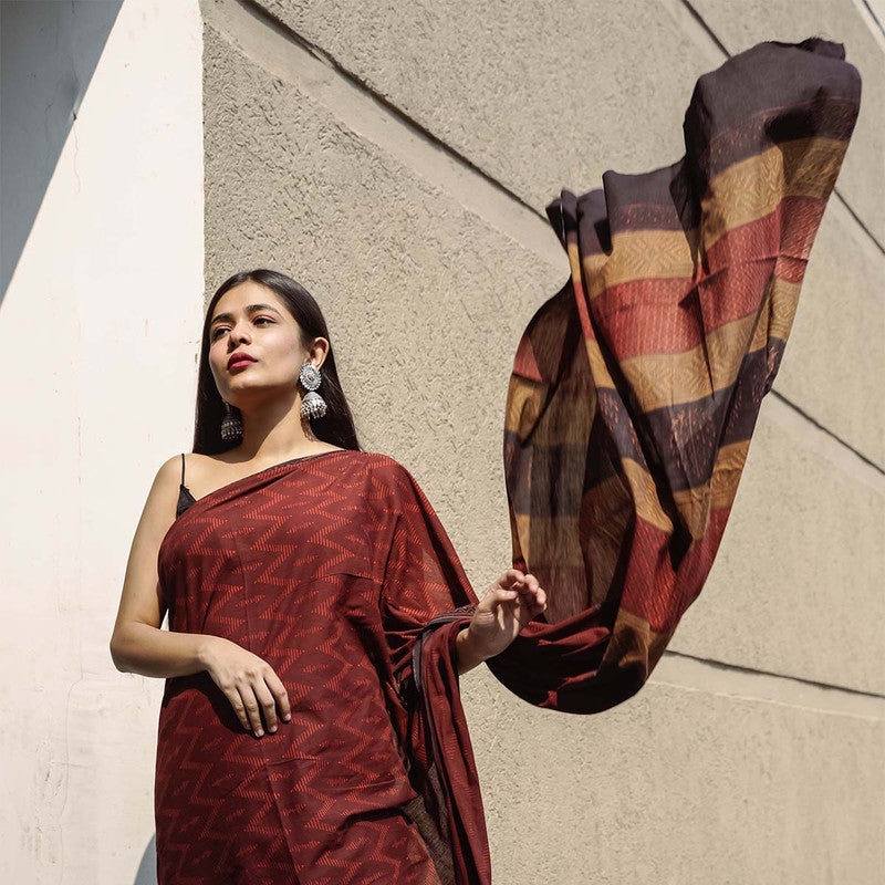 Bagru Printed Chanderi Maroon Saree、mySite、camillekostekn