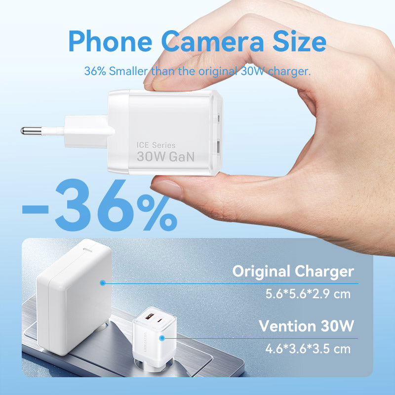 Vention 2-Port USB (C + A) GaN Charger (30W/30W) EU-Plug、mySite、fannypackpong