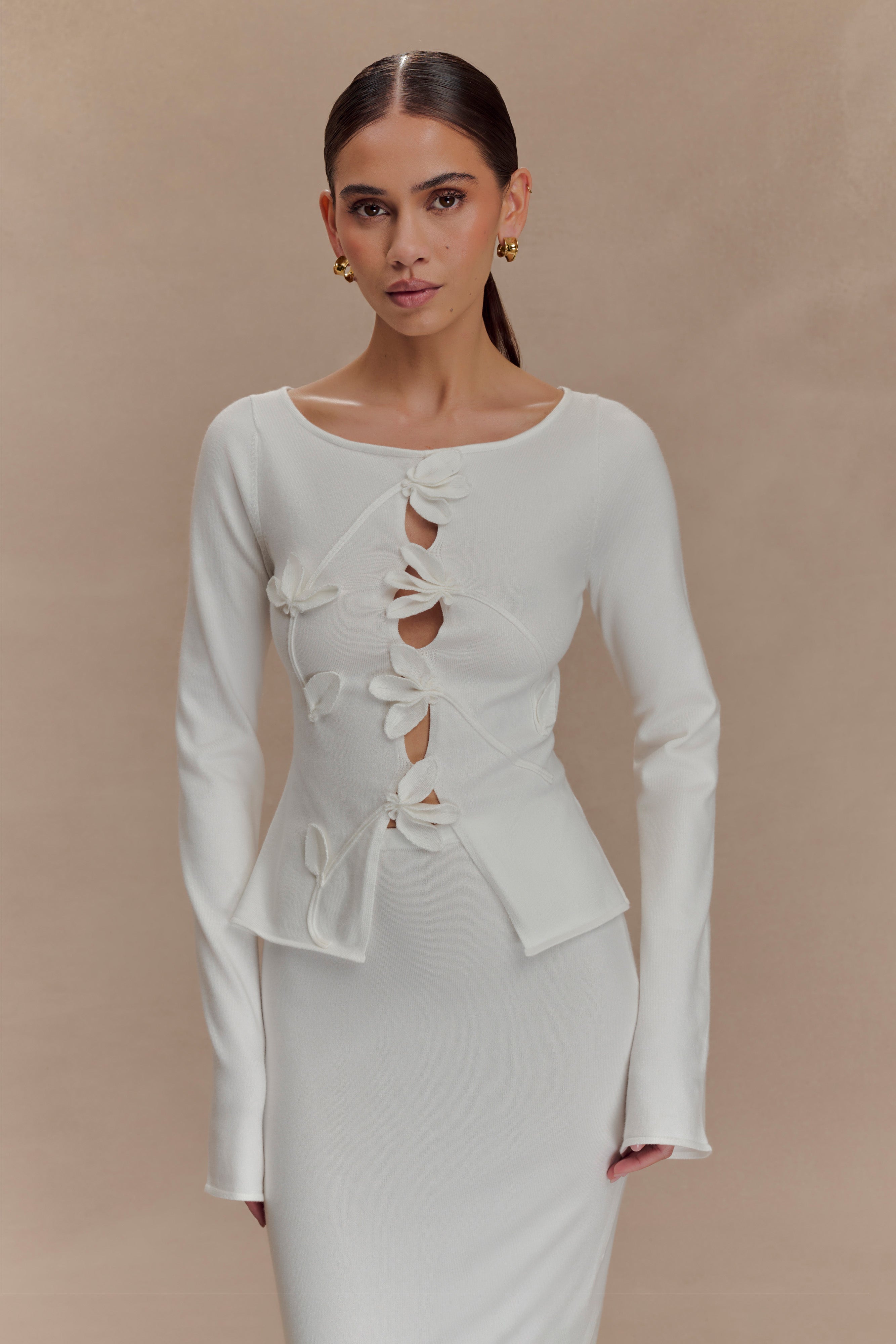 Alejandra Floral Long Sleeve Knit Top - White、mySite、solidvoid