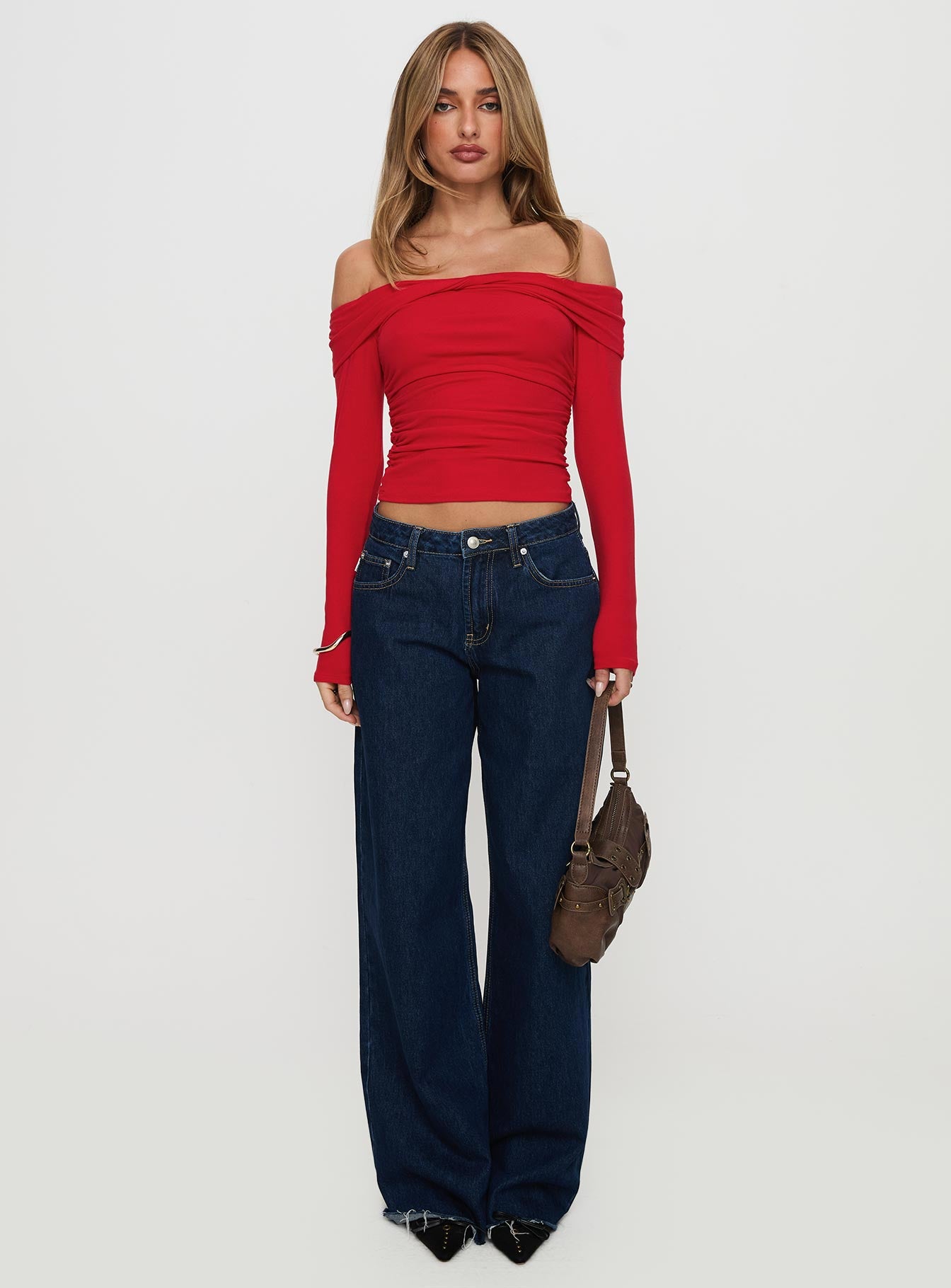 Sonnett Off Shoulder Twist Long Sleeve Top Red、mySite、solidvoid