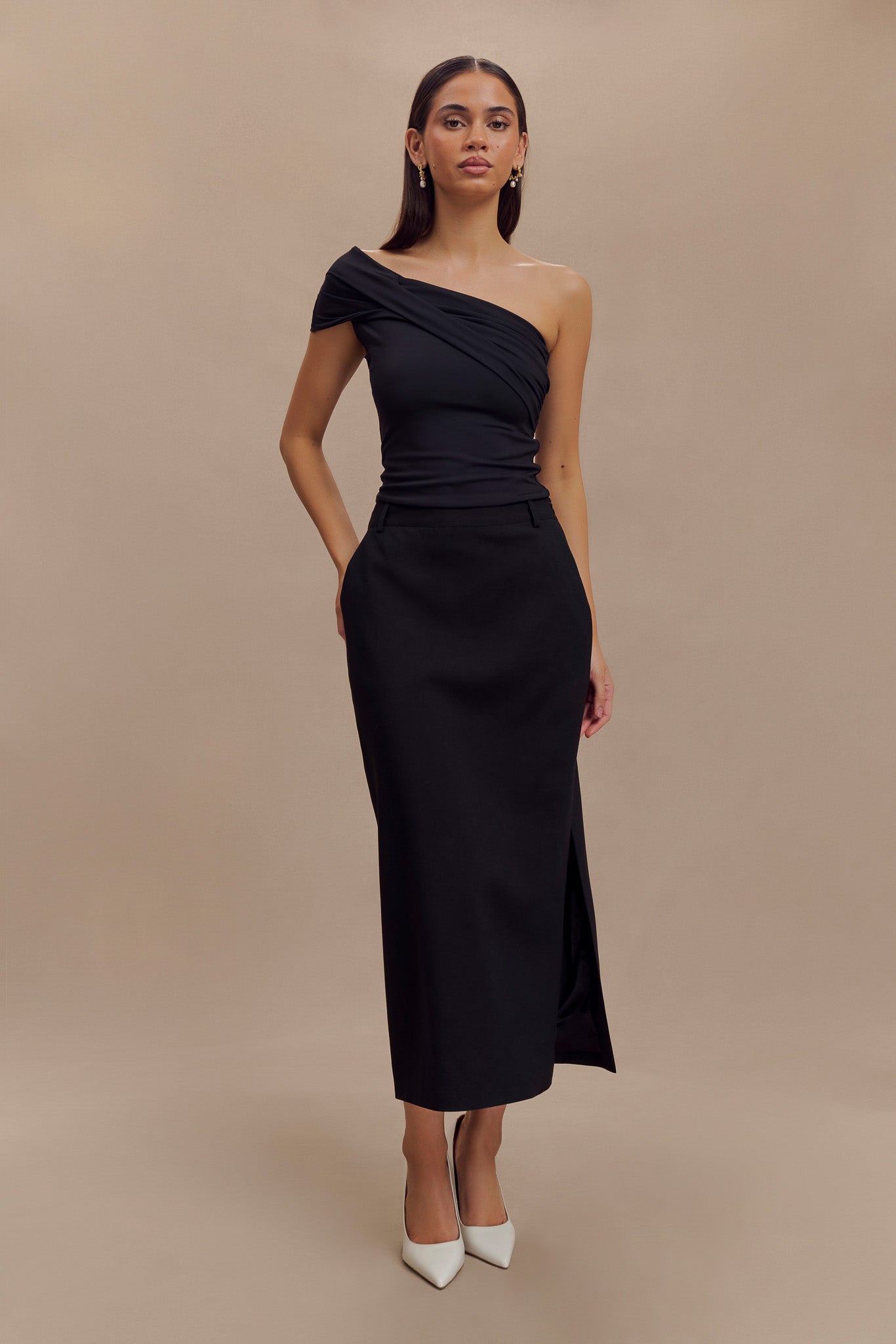 Solene One Shoulder Recycled Nylon Twist Top - Black、mySite、solidvoid