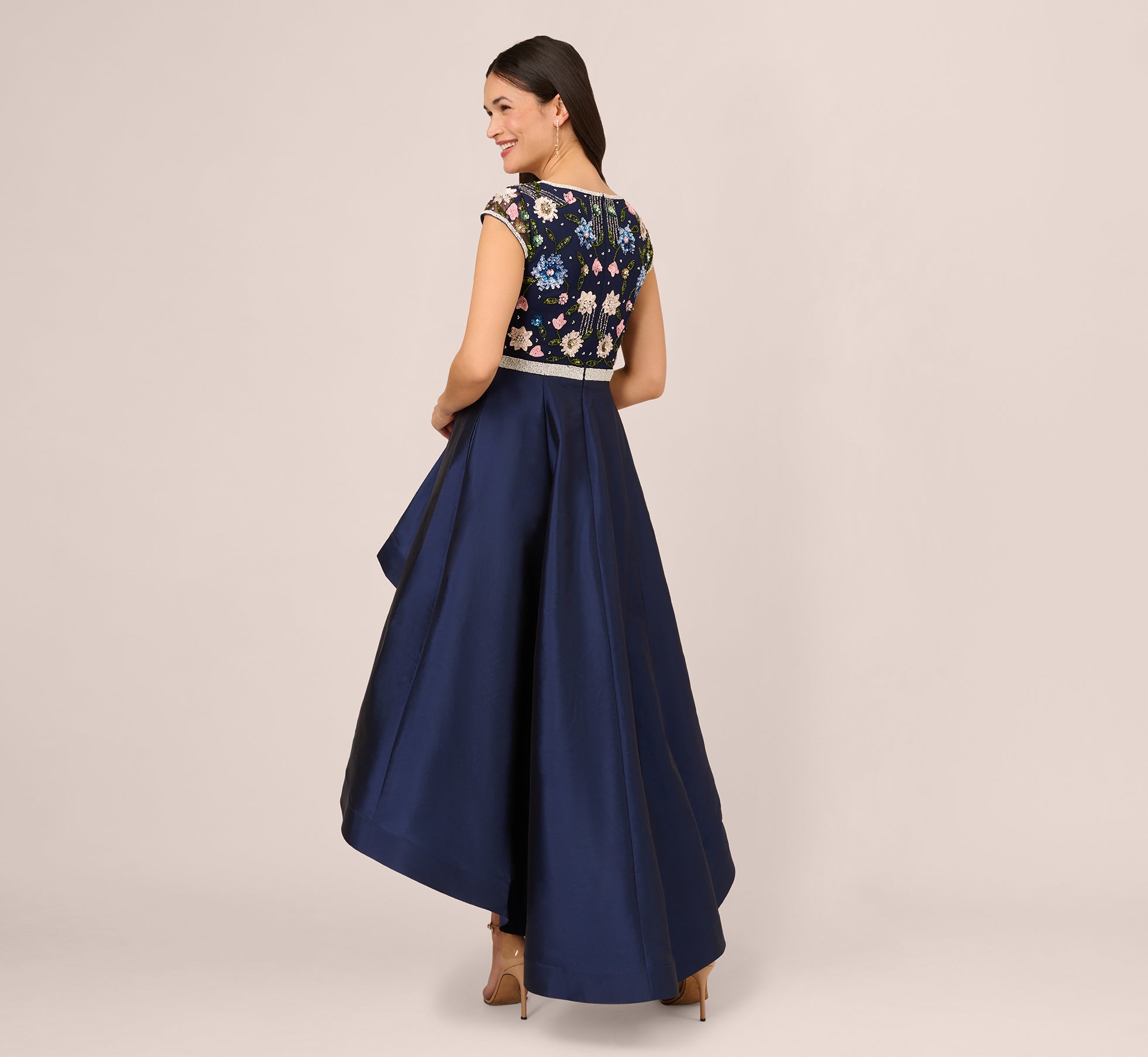 Cap Sleeve Beaded Gown With Taffeta High Low Skirt In Light Navy、mySite、solidvoid