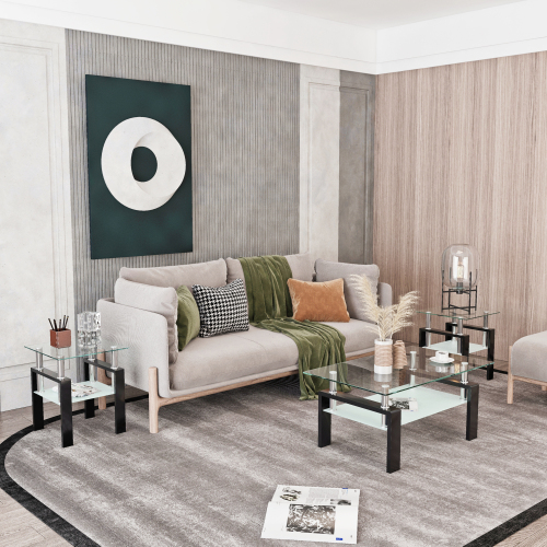 Set of 2, Modern Tempered Glass Tea Table Coffee Table End Table, Square Table for Living Room, Transparent/White、、casual