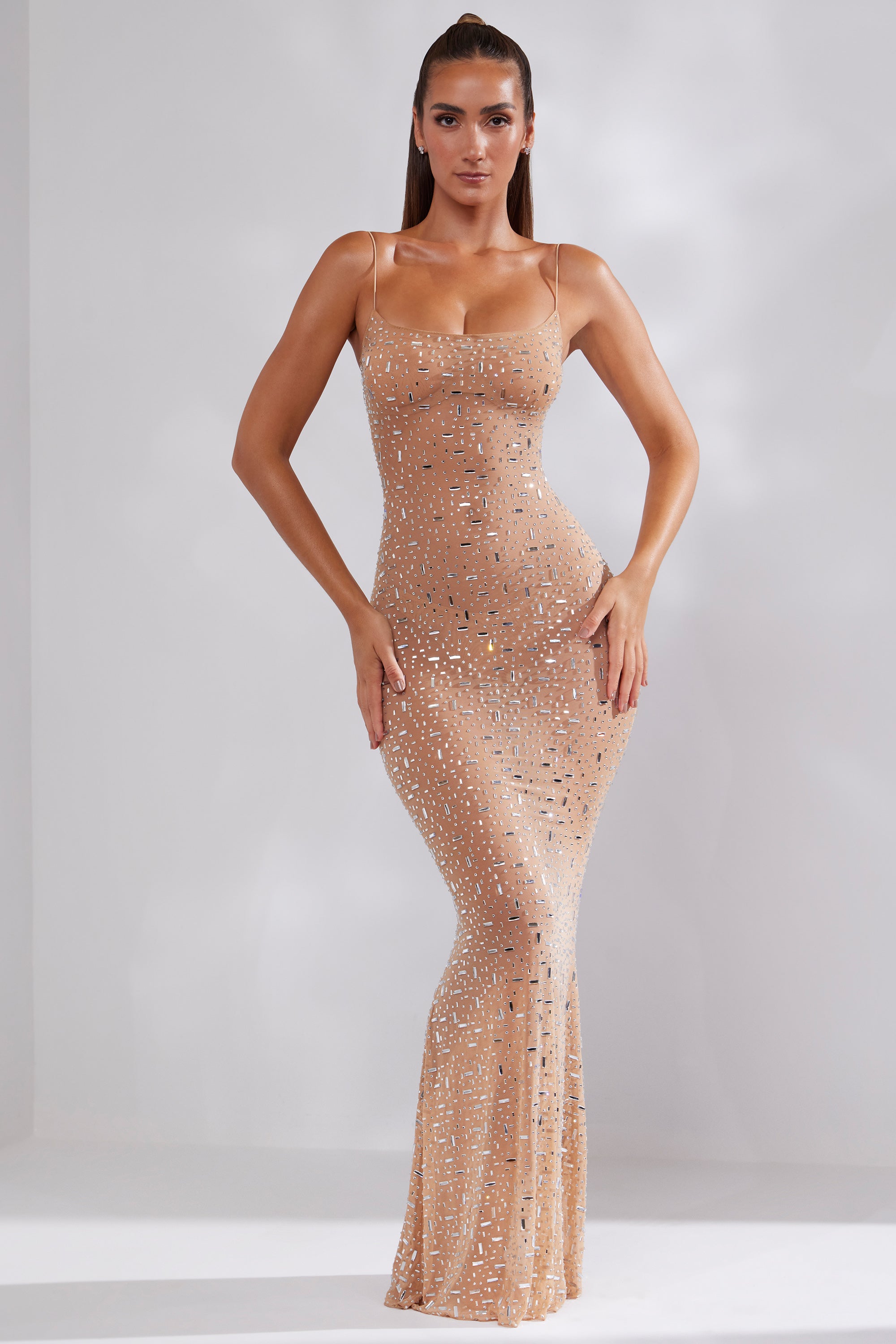 Sheer Embellished Scoop Neck Evening Gown in Almond、mySite、solidvoid