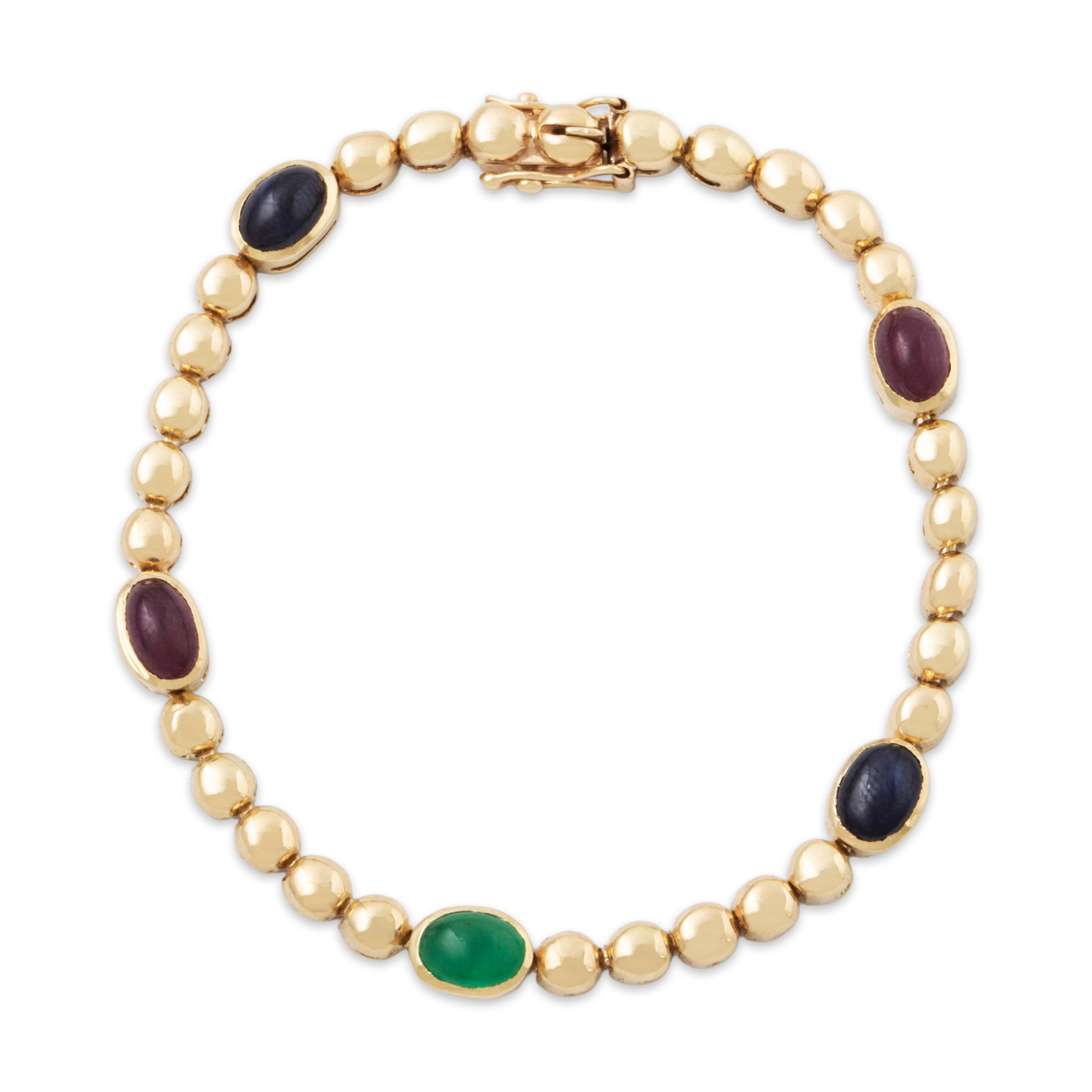 Vintage 14k Yellow Gold Ruby Sapphire Emerald Cabochon Link Bracelet 6.75、mySite、hinf8tx79