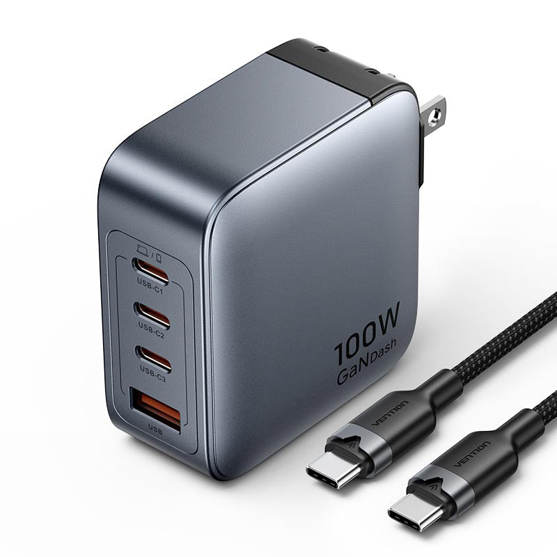 Vention 4-Port USB (C + C + C + A) GaN Charger (100W/100W/30W/30W) Gray with USB-C to USB-C Cable (1M) Black US-Plug、mySite、fannypackpong