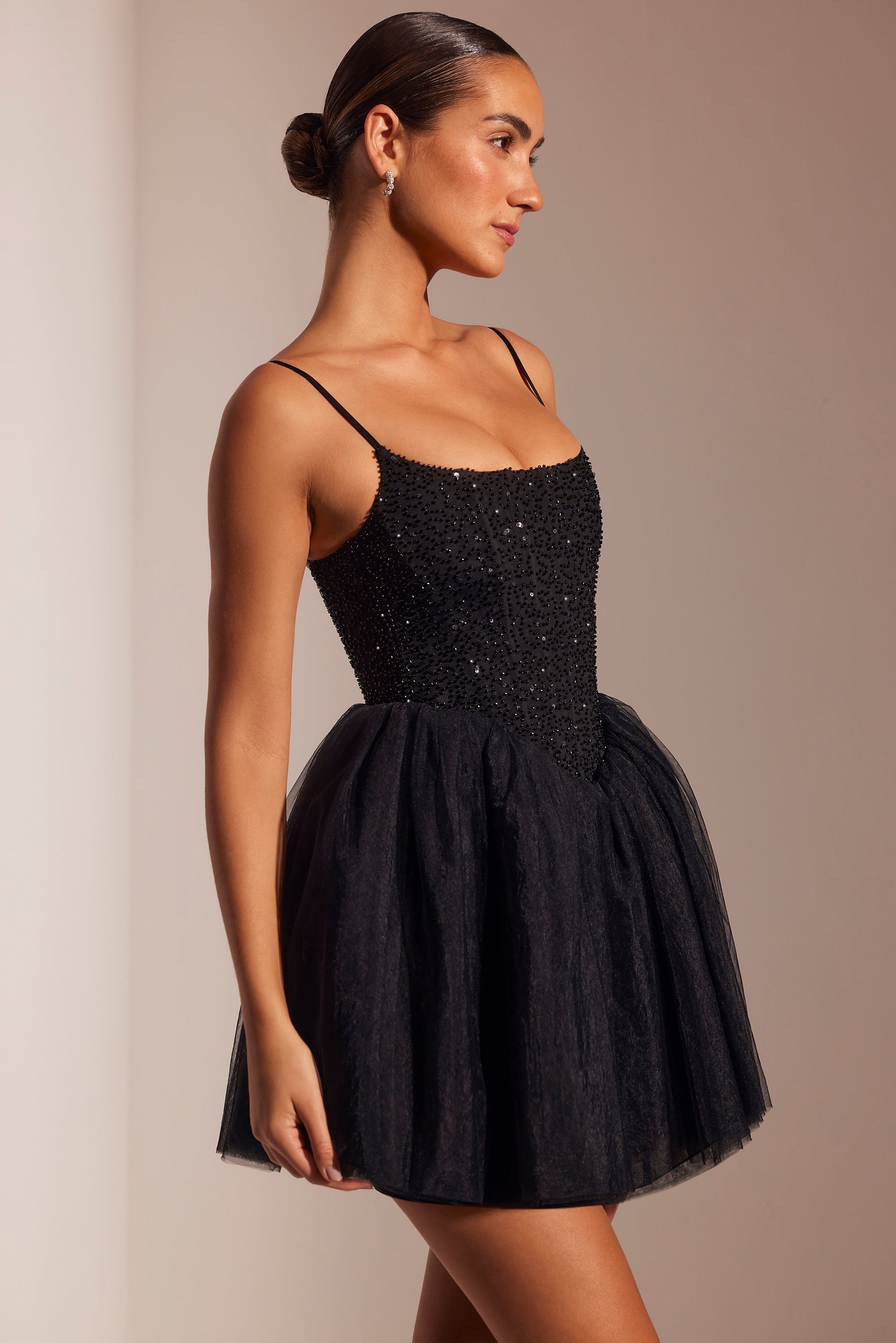 Embellished Corset Tulle Skirt Mini Dress in Black、mySite、solidvoid