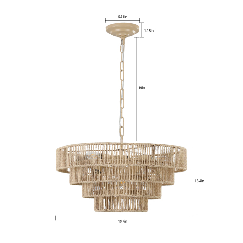 (Same as W1340P155976/L1019-4) 20" Modern 4-Layer Woven Hemp Rope Chandelier, Boho Style Pendant Light, Elegant Hanging Light Fixture for Living Room, Dining Room, Bedroom (No Bulbs)、、eastwooduniform