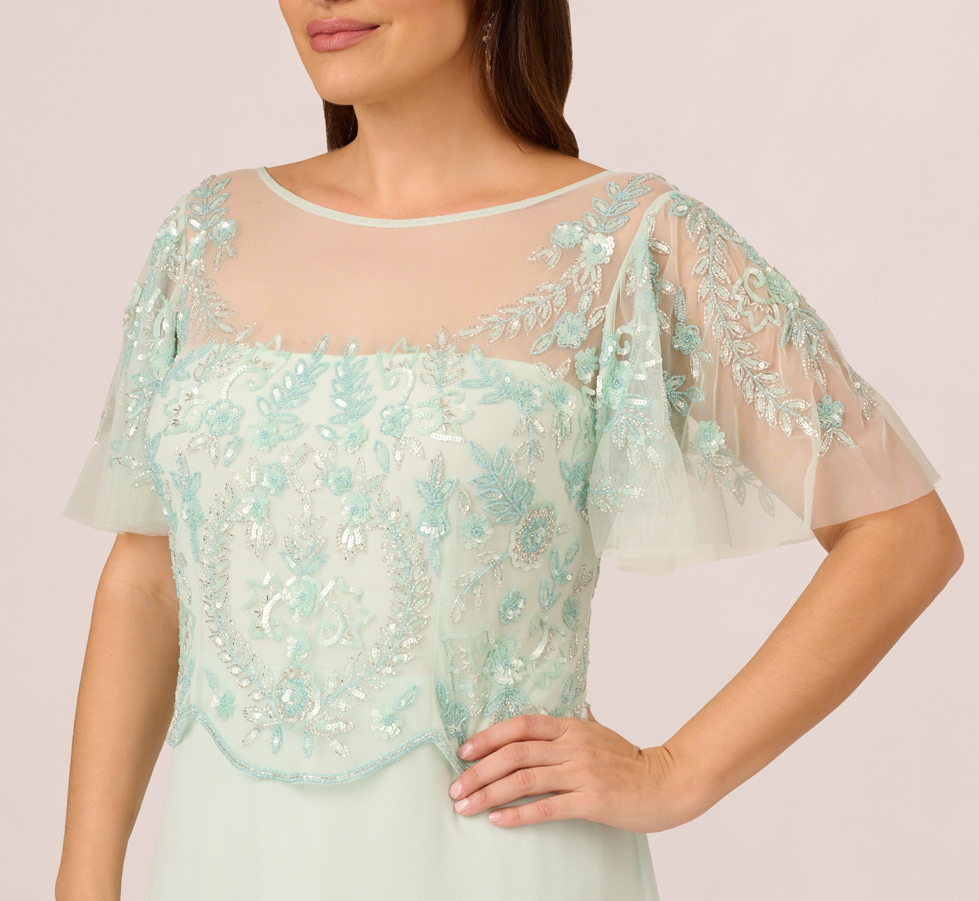 Plus Size Hand-Beaded Illusion Long Gown With Flutter Sleeves In Mint Glass、mySite、solidvoid