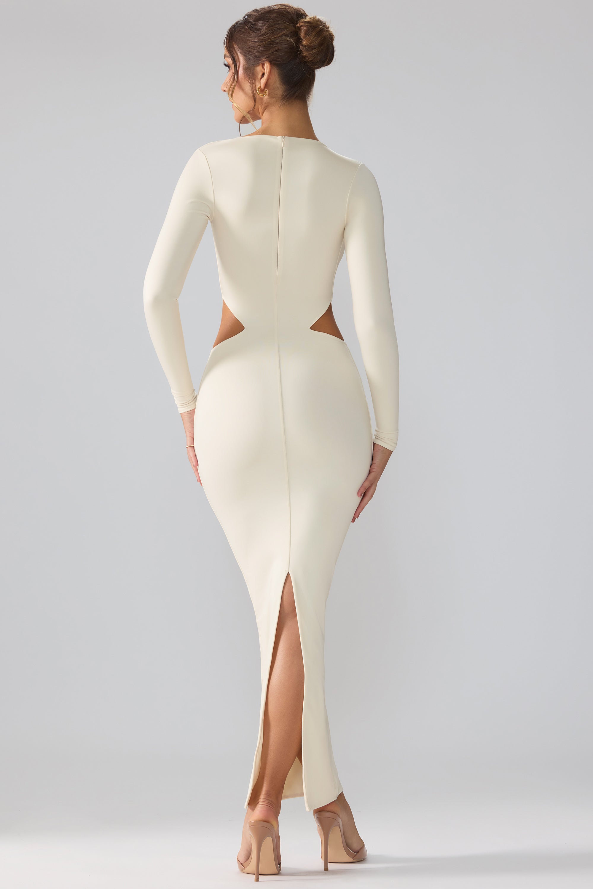 Premium Jersey Long Sleeve Cut Out Maxi Dress in Ivory、mySite、solidvoid