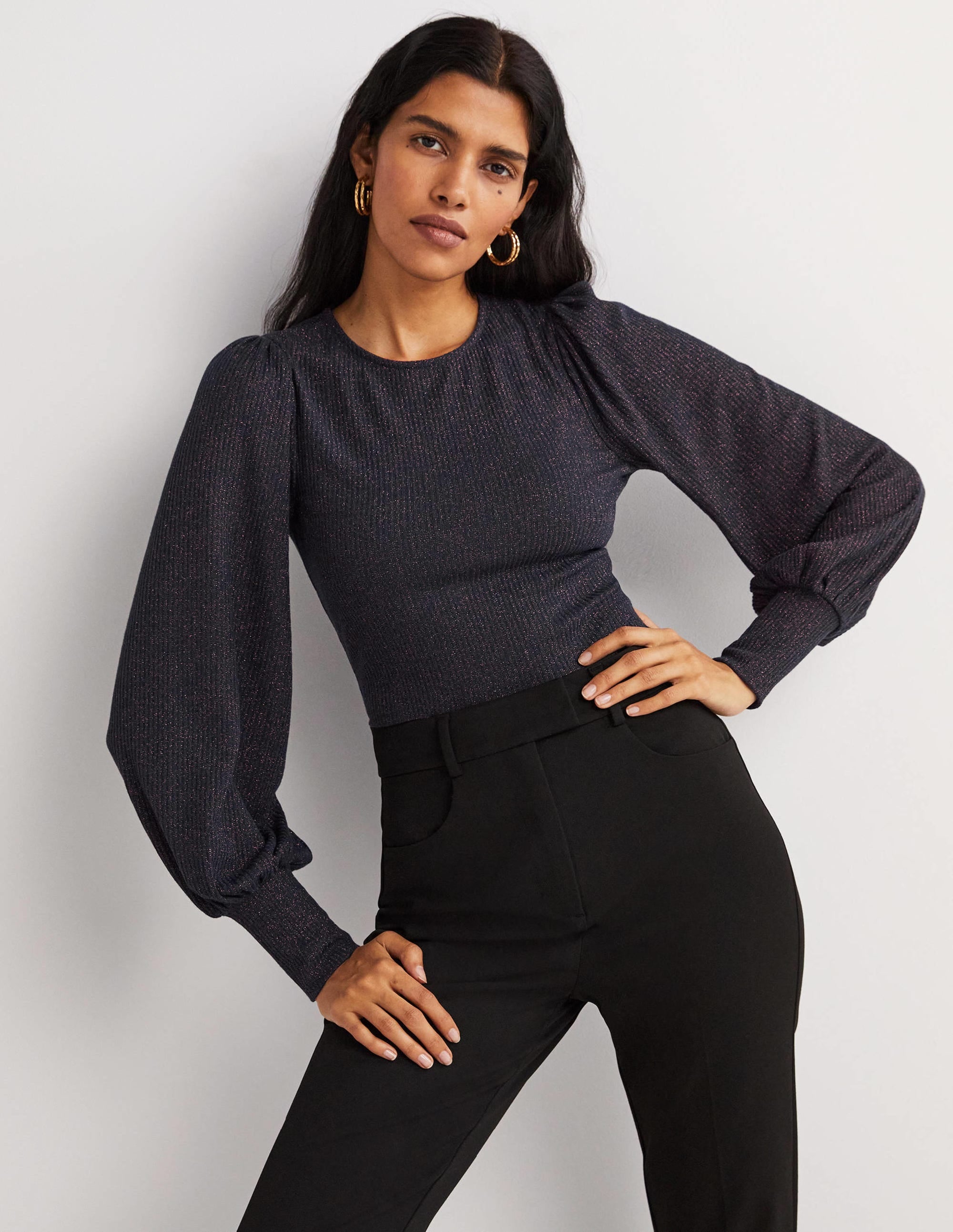  Metallic Blouson Sleeve Top-Navy/Copper Sparkle、mySite、ashleygrahame