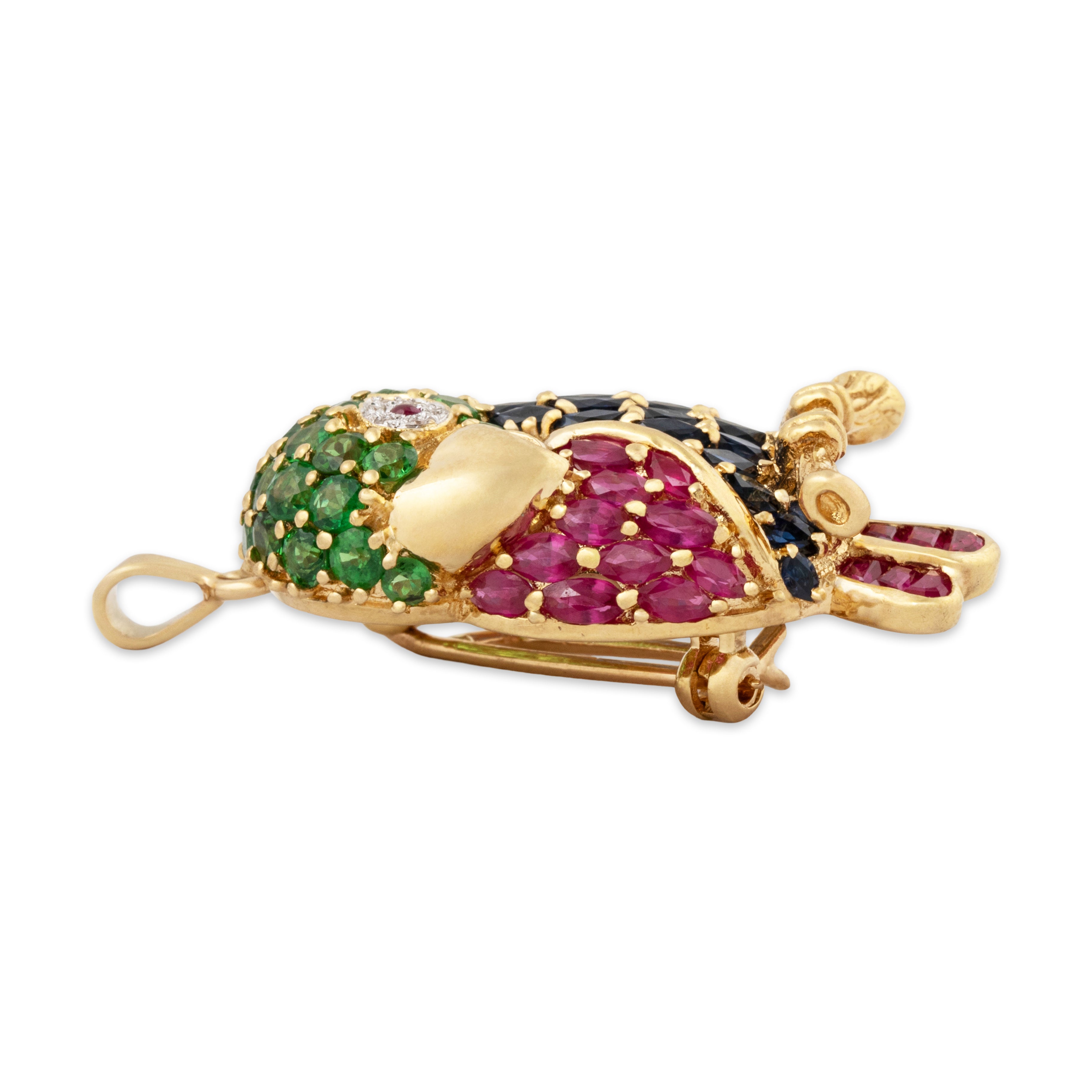 Vintage Figural 18k Yellow Gold 1.4cttw Sapphire Perched Parrot Pendant / Pin、mySite、hinf8tx79