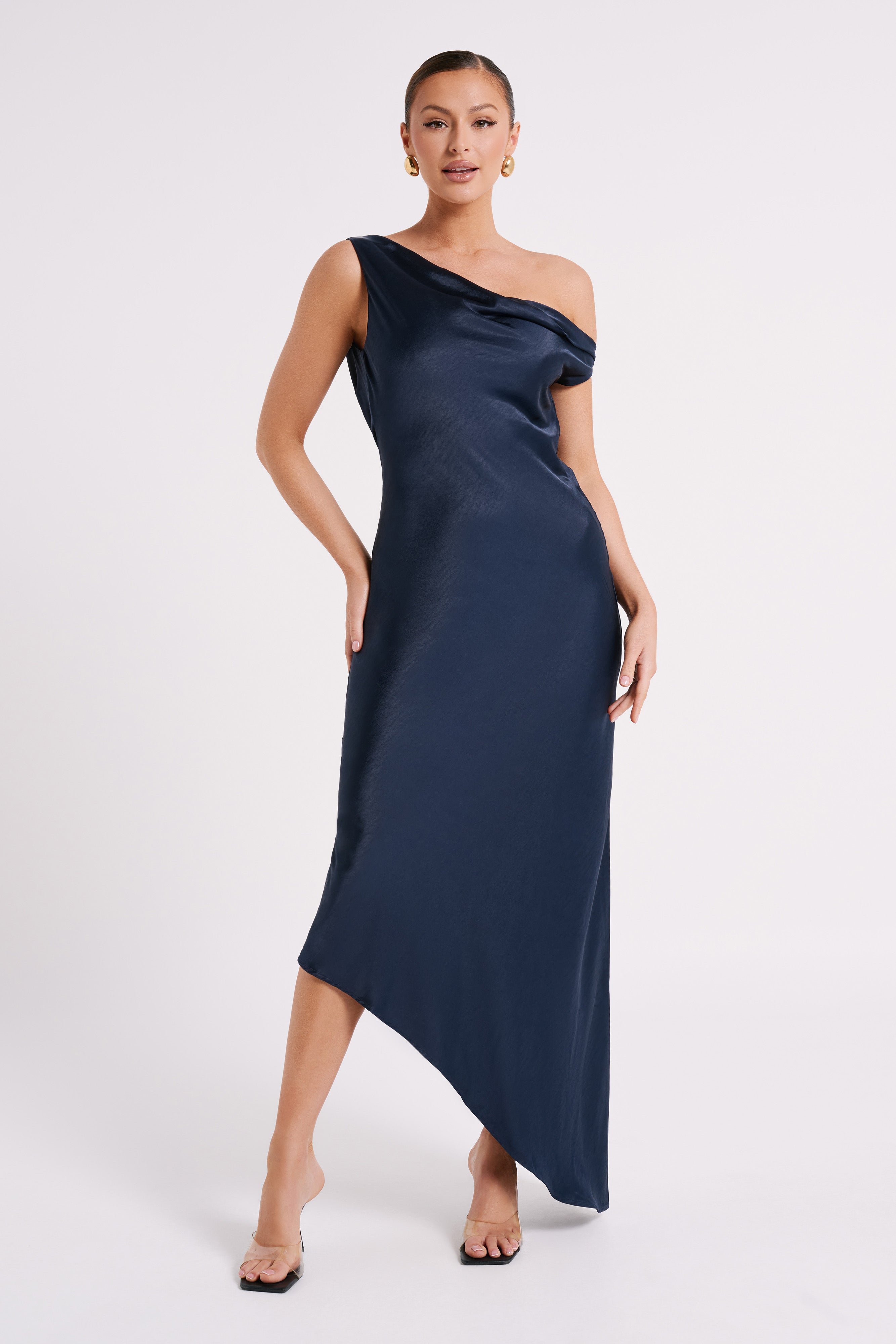 Yvette Slip Maxi Dress With Asymmetrical Hem - Navy、mySite、solidvoid
