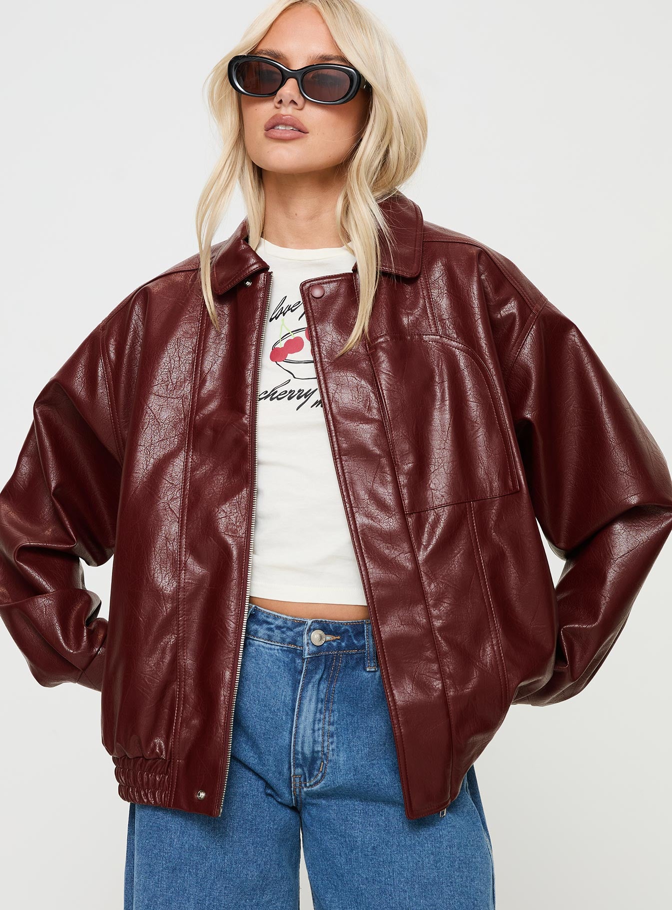 Devija Faux Leather Jacket Burgundy、mySite、solidvoid