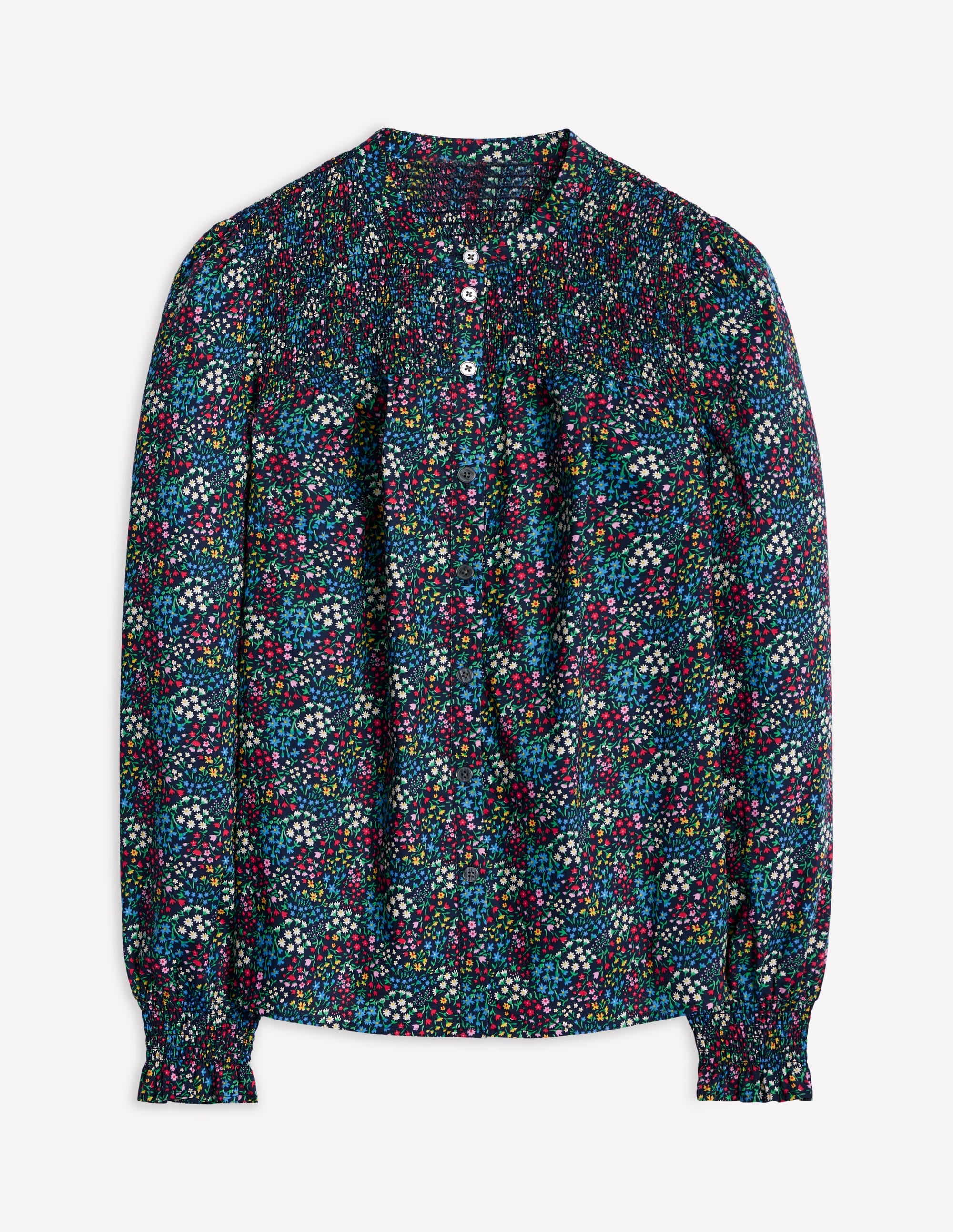  Smocked Yoke Cotton Blouse-French Navy, Bud Scatter、mySite、ashleygrahame