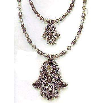 Michal Golan Hematite, Freshwater Pearl and Swarovski Crystal Hamsa Necklace、mySite、topwebapps