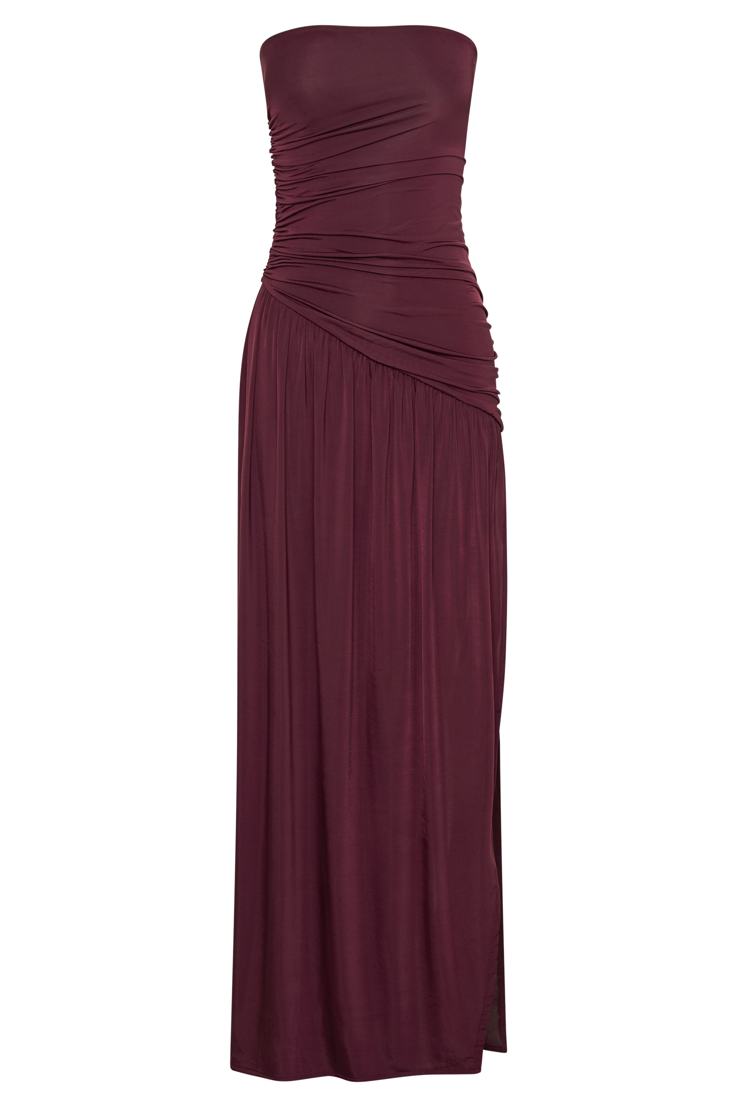 Bex Strapless Slinky Maxi Dress With Split - Burgundy、mySite、solidvoid